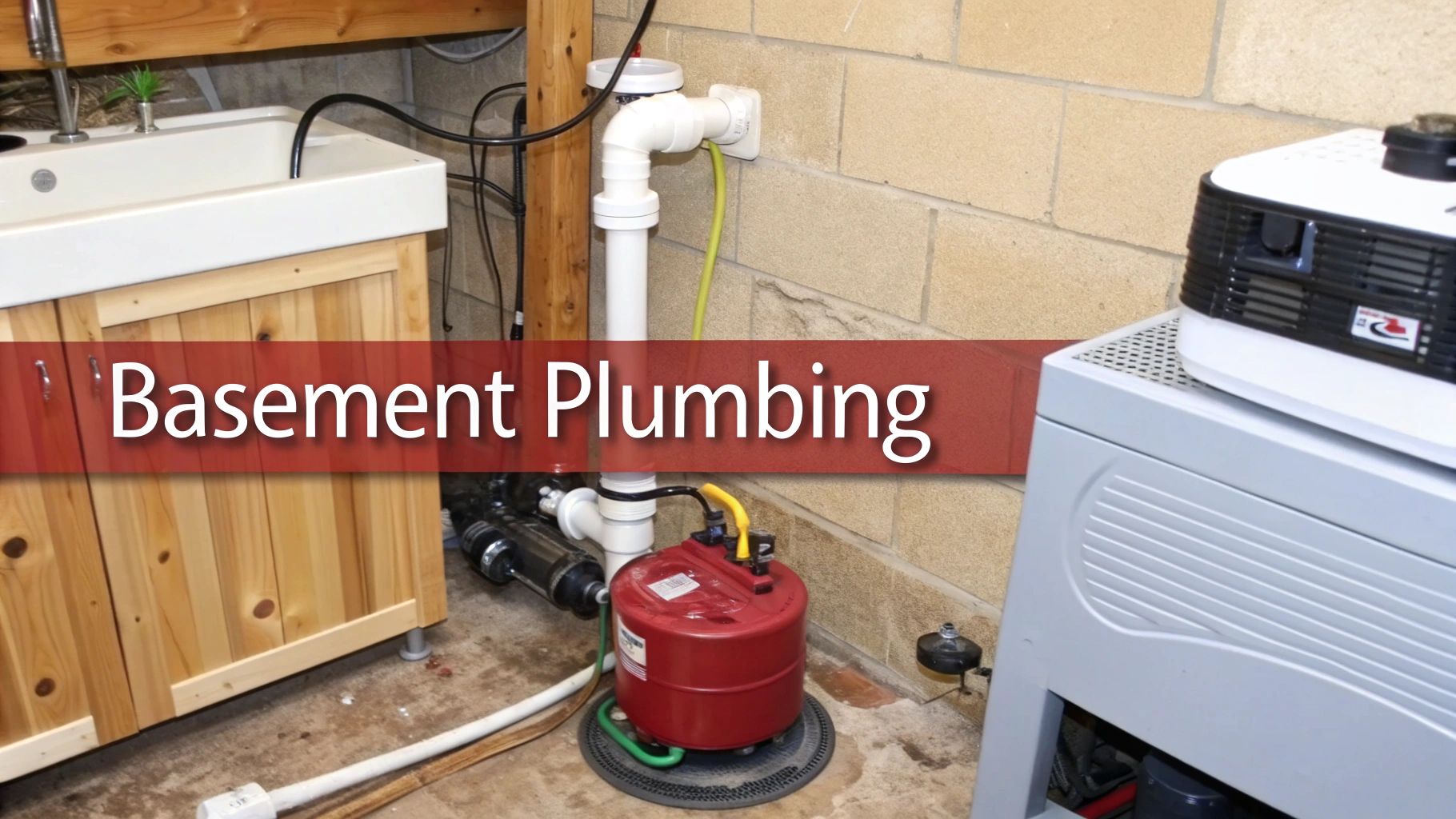 A basement room featuring a sink, wooden vanity, red sump pump, and various PVC pipes along a concrete block wall.