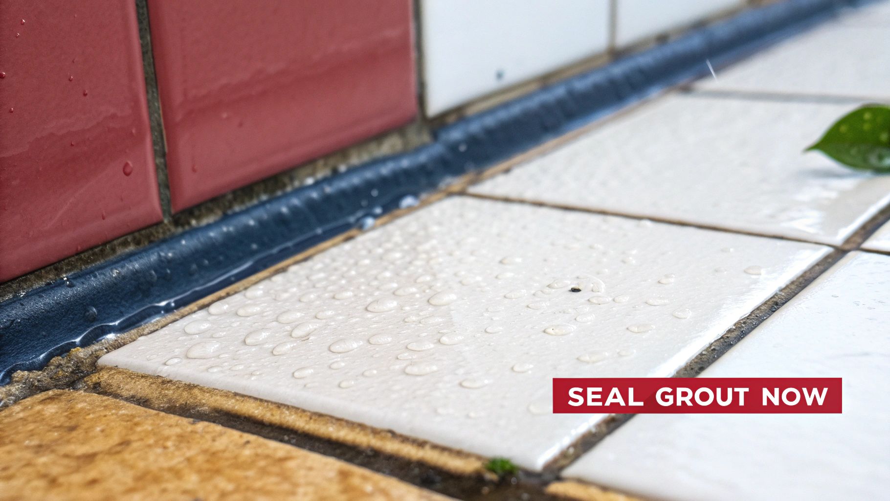 Water beading on sealed floor and wall tiles, highlighting effective grout protection.