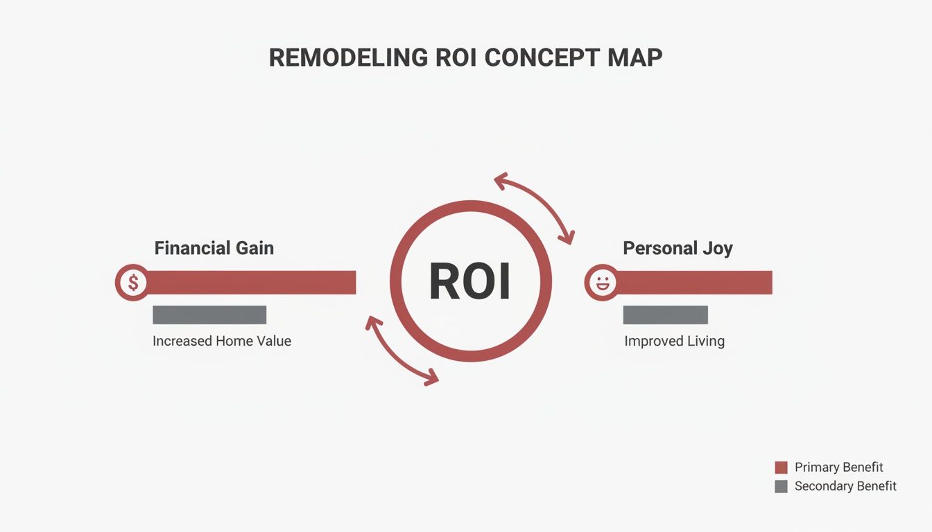 A remodeling ROI concept map showing financial gain (increased home value) and personal joy (improved living) as benefits.