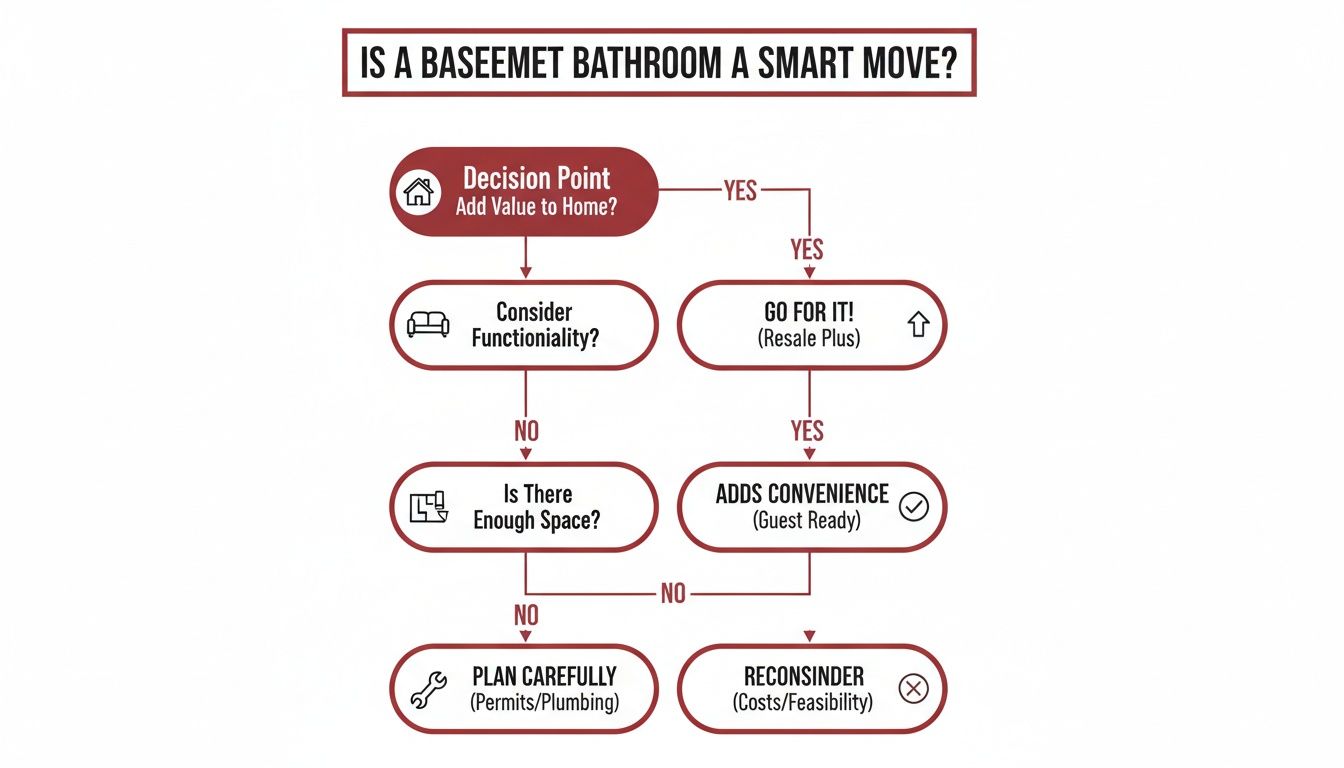 A flowchart detailing the decision-making process for adding a basement bathroom, considering value, functionality, and space.