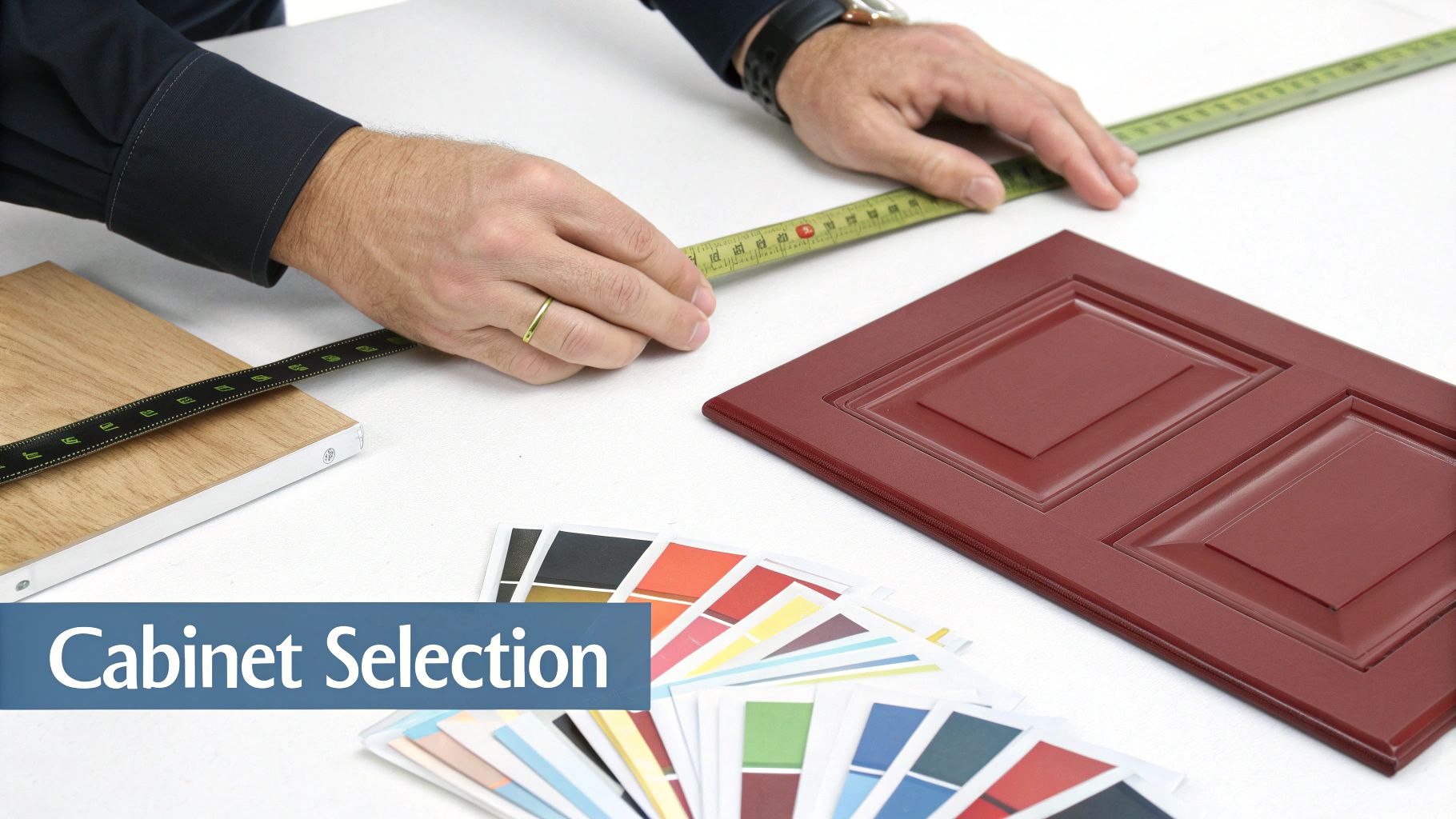 Hands measuring a wood sample next to a red cabinet door and color swatches for design.