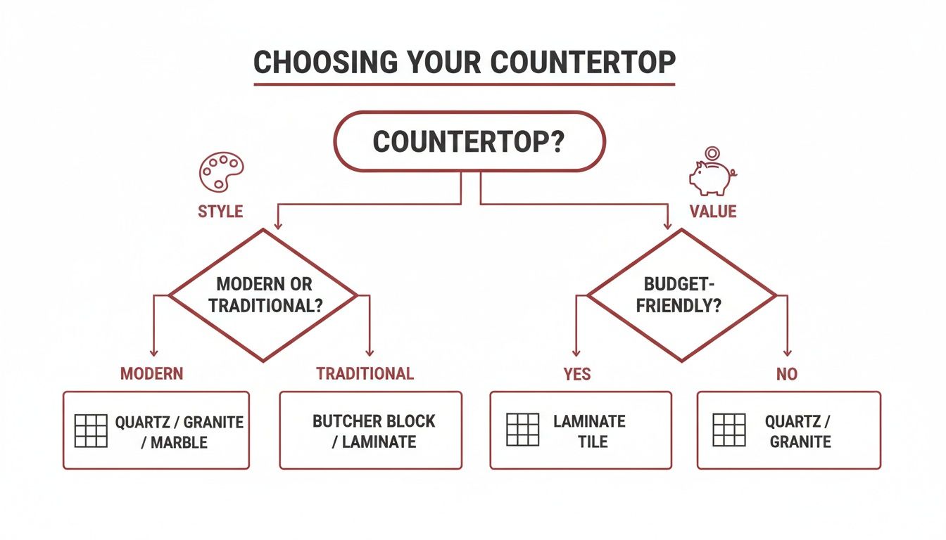 A flowchart guiding countertop choices based on style (modern, traditional) or value (budget-friendly).