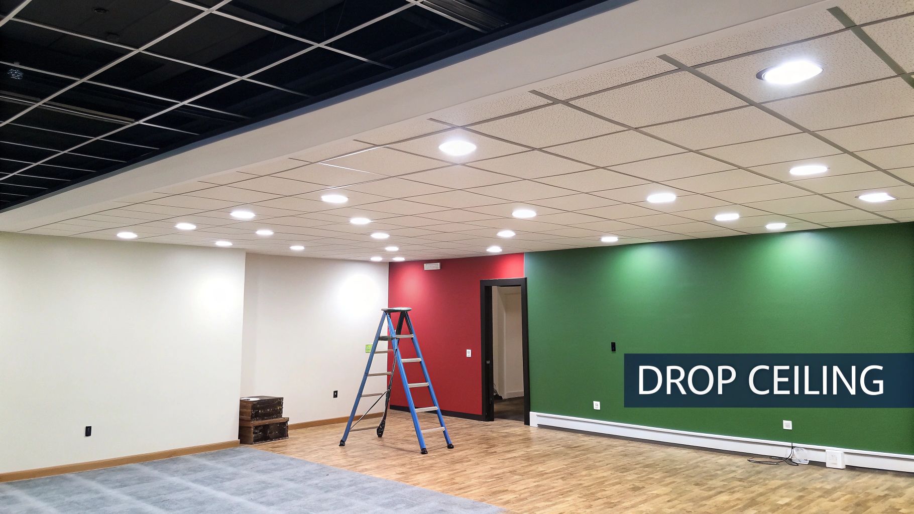 A room under renovation with vibrant red, green, and white walls, featuring a drop ceiling with recessed lighting.