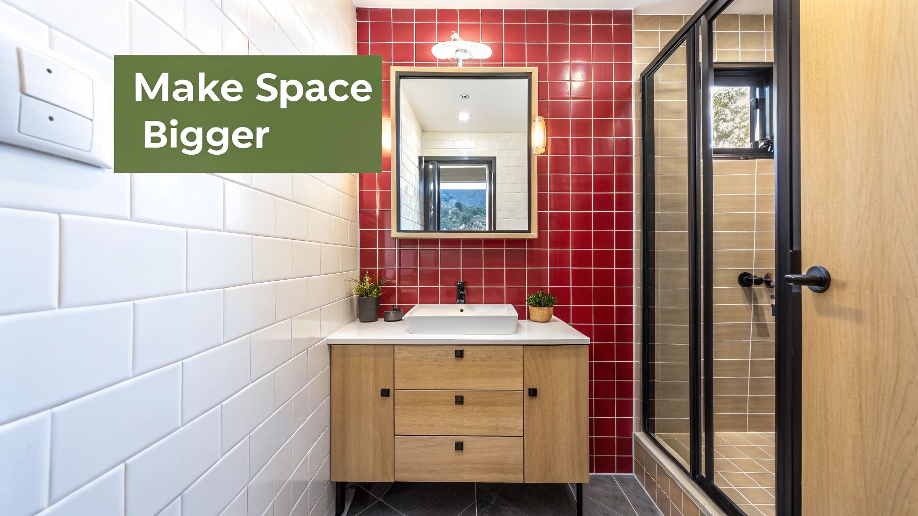 A modern bathroom features white and red subway tiles, a wood vanity with a white sink, and a glass shower.