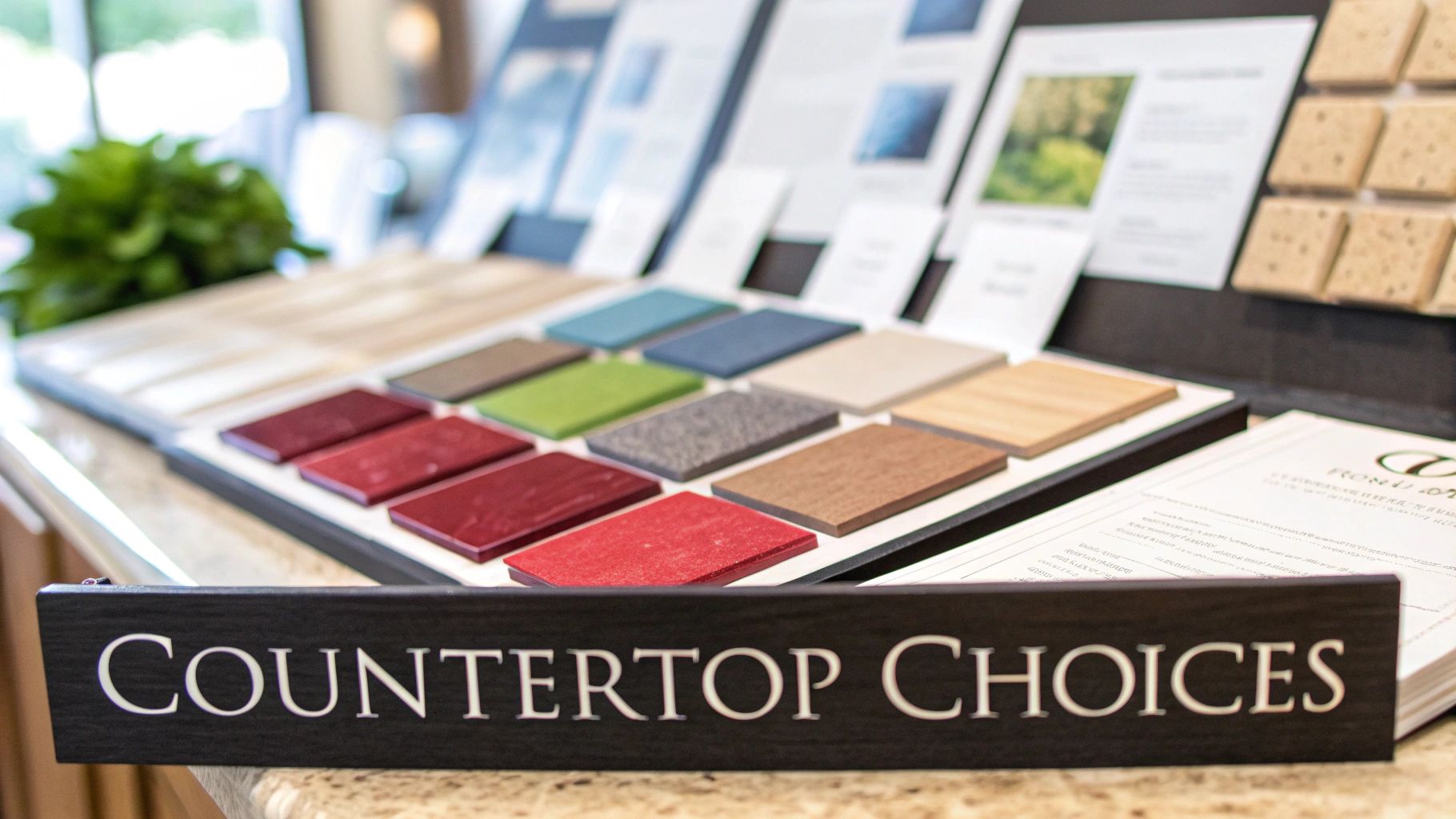 Display of various colorful countertop material samples and a 'Countertop Choices' sign.