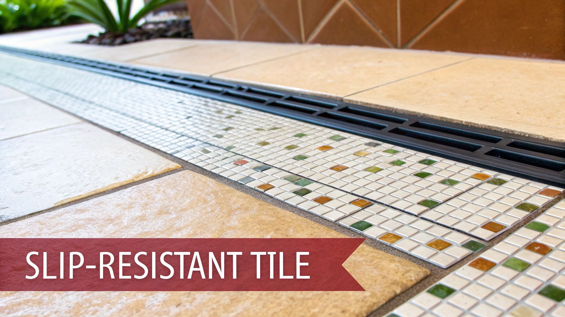 A beautifully tiled curbl-ess shower showcasing a seamless transition and modern design.