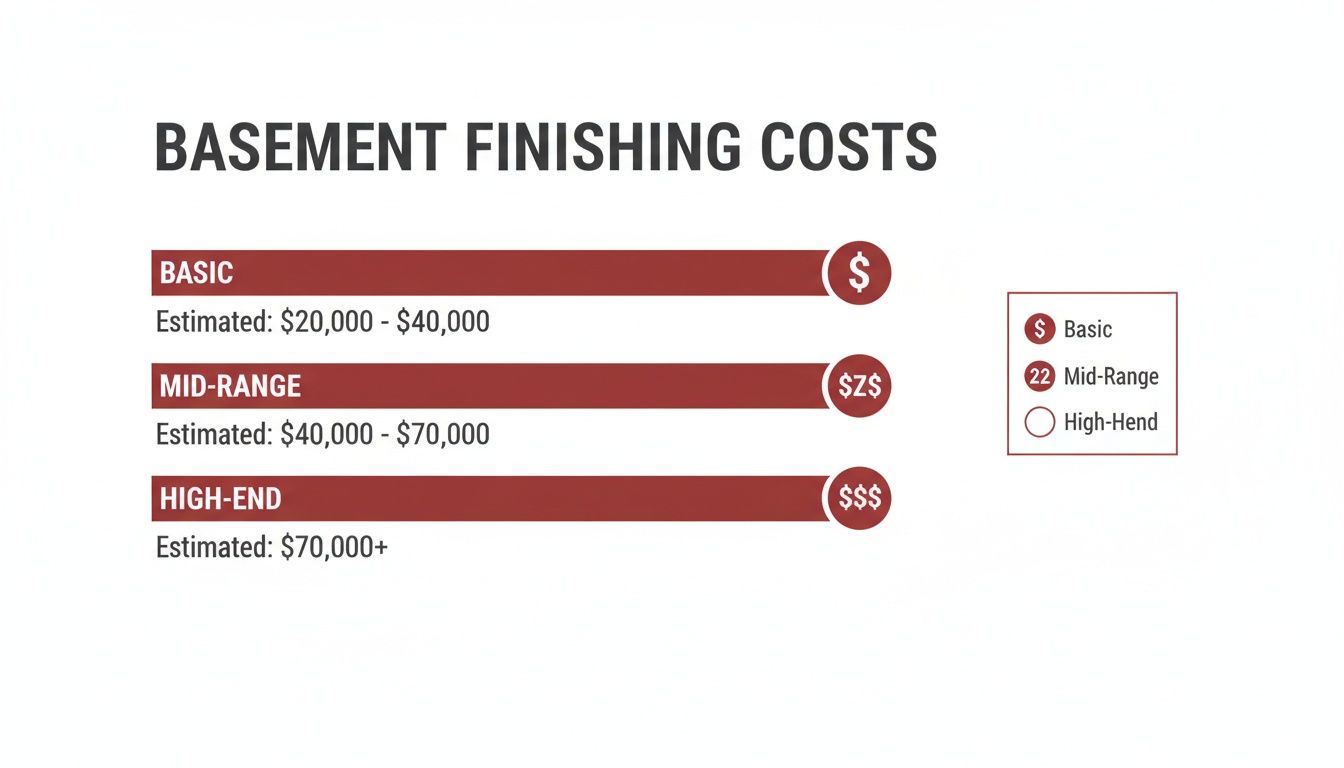 Infographic showing estimated basement finishing costs: Basic, Mid-Range, and High-End price ranges.