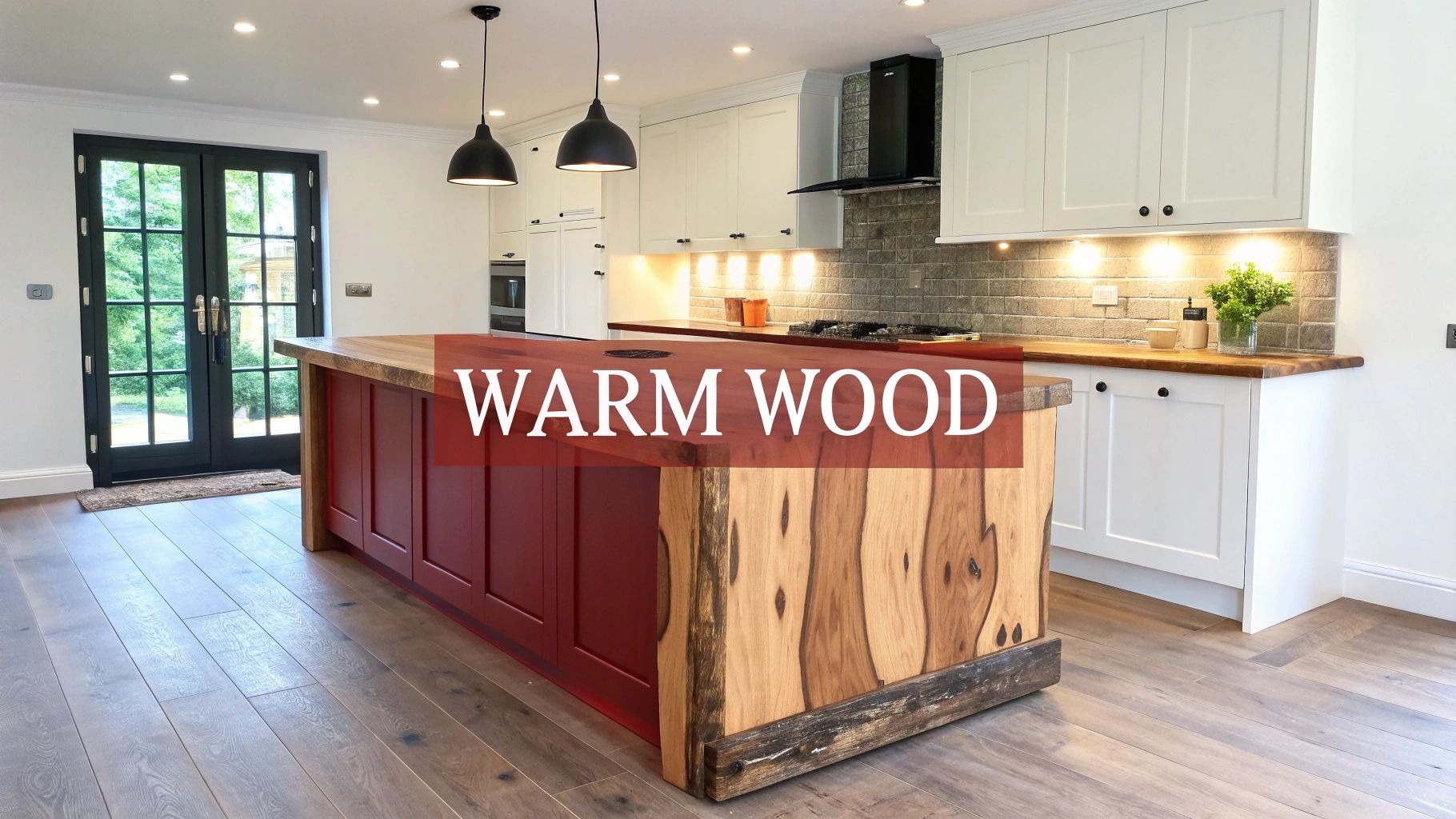 A bright, modern kitchen with white cabinets, wood counters, a red and natural wood island, and black French doors.