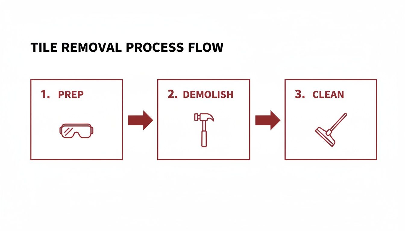 A three-step tile removal process flow diagram showing prep, demolish, and clean stages.