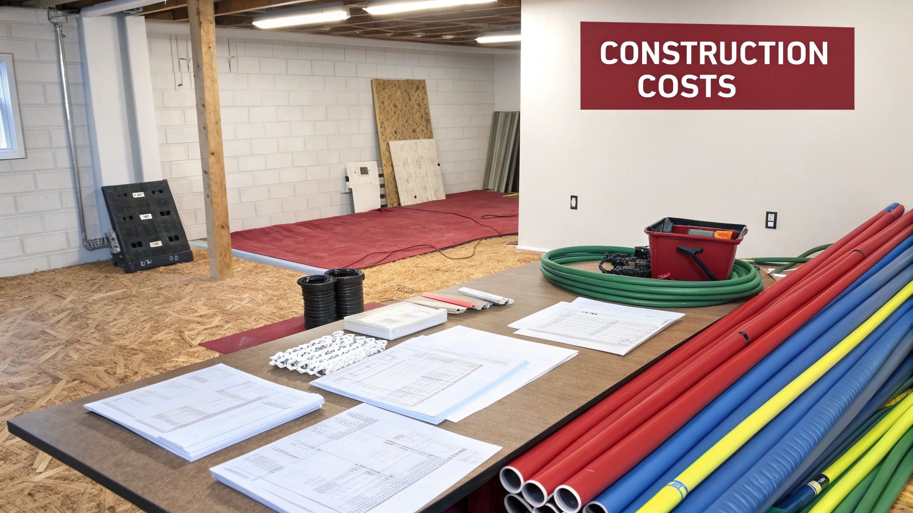 Construction materials and plans on a table in an unfinished basement with a 'Construction Costs' sign.