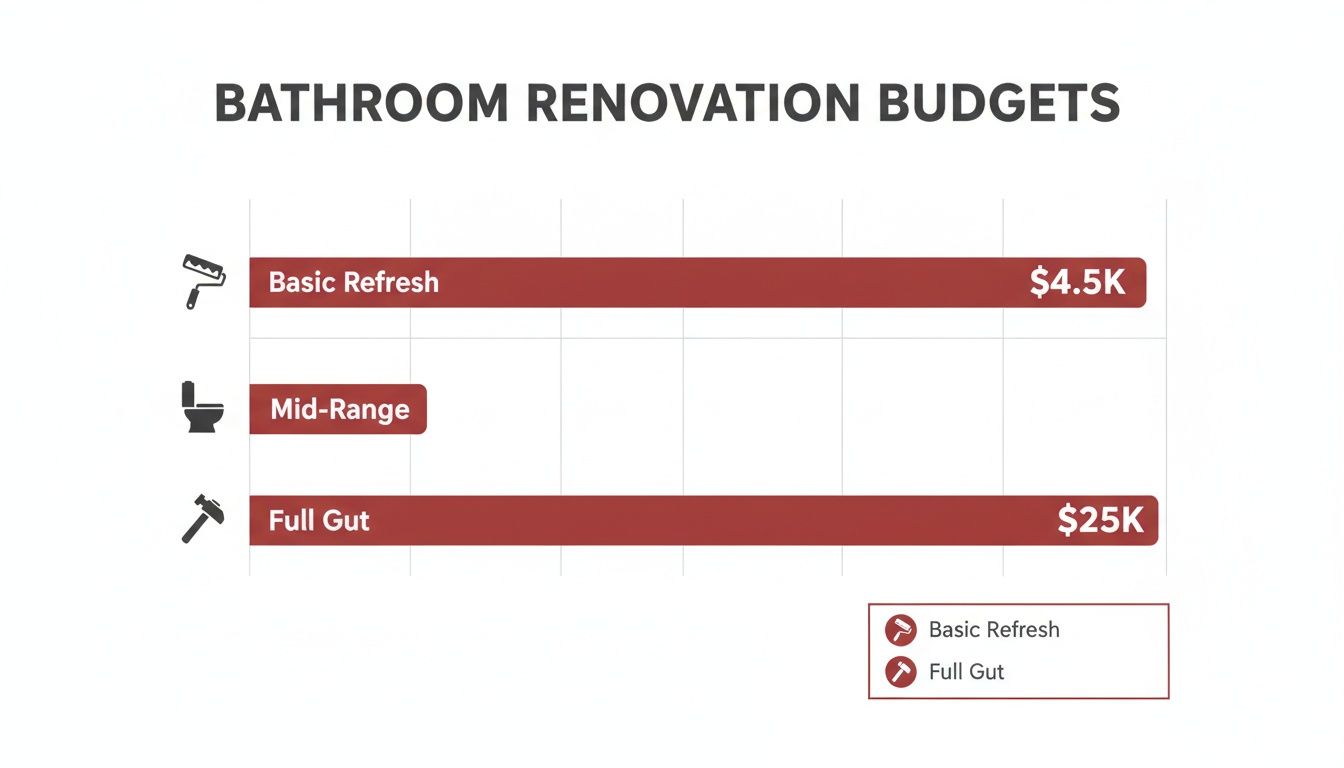 A bar chart illustrating bathroom renovation budgets: Basic Refresh at $4.5K and Full Gut at $25K.