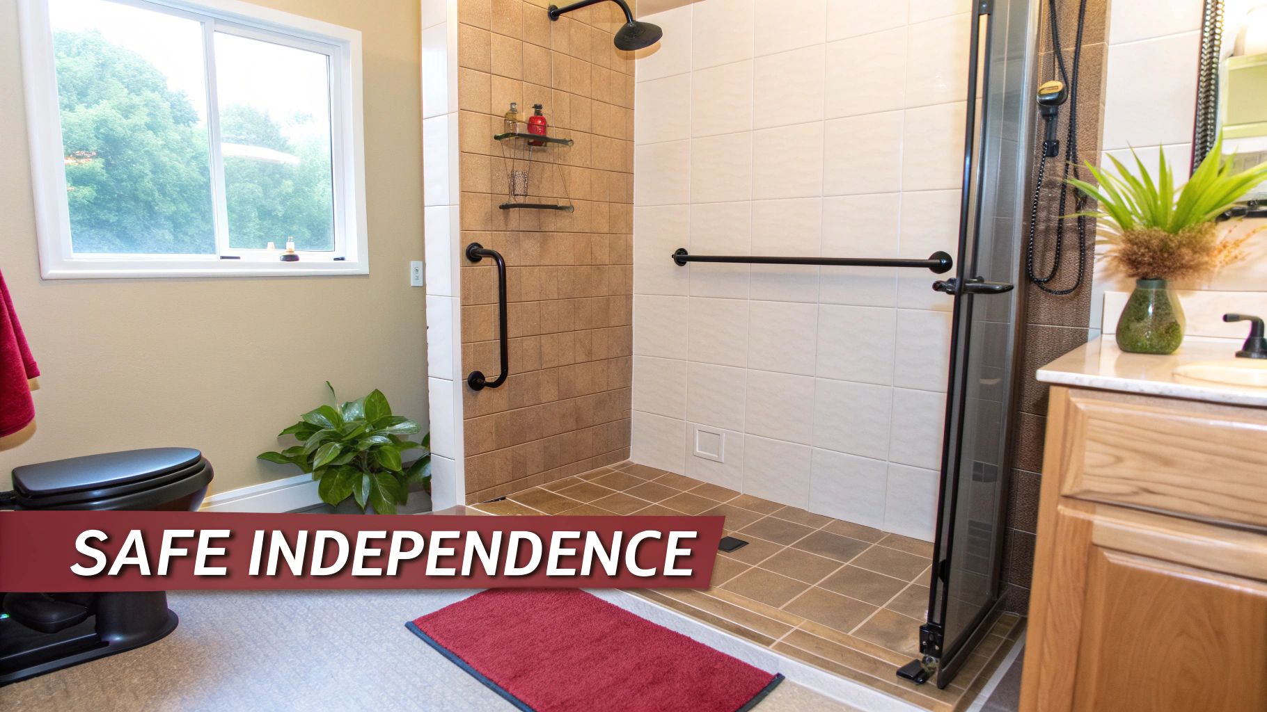 Modern accessible bathroom with a walk-in shower, grab bars, toilet, and vanity, promoting safe independence.