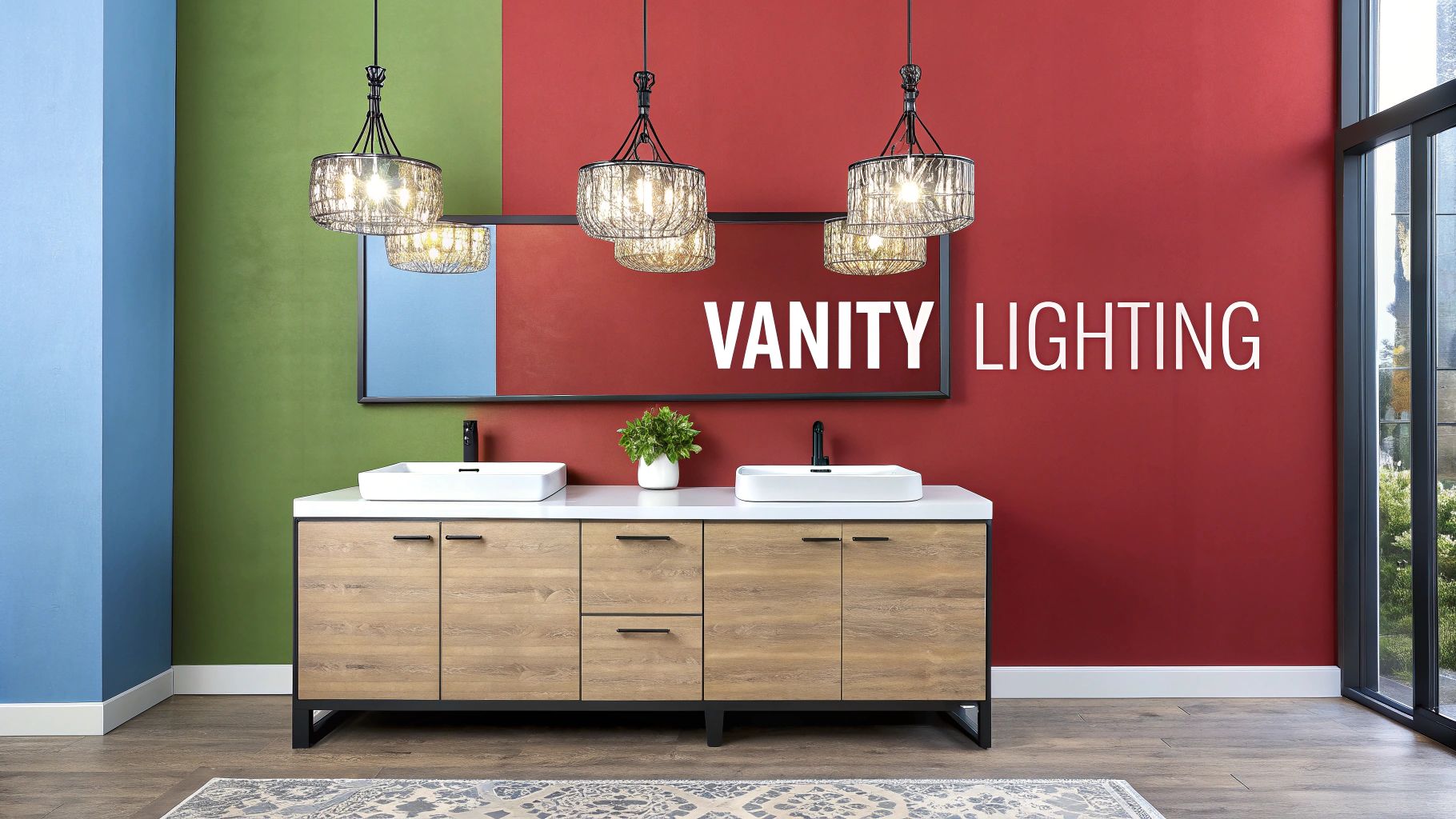 Stylish bathroom vanity with dual sinks, a large mirror, and elegant pendant lighting fixtures.