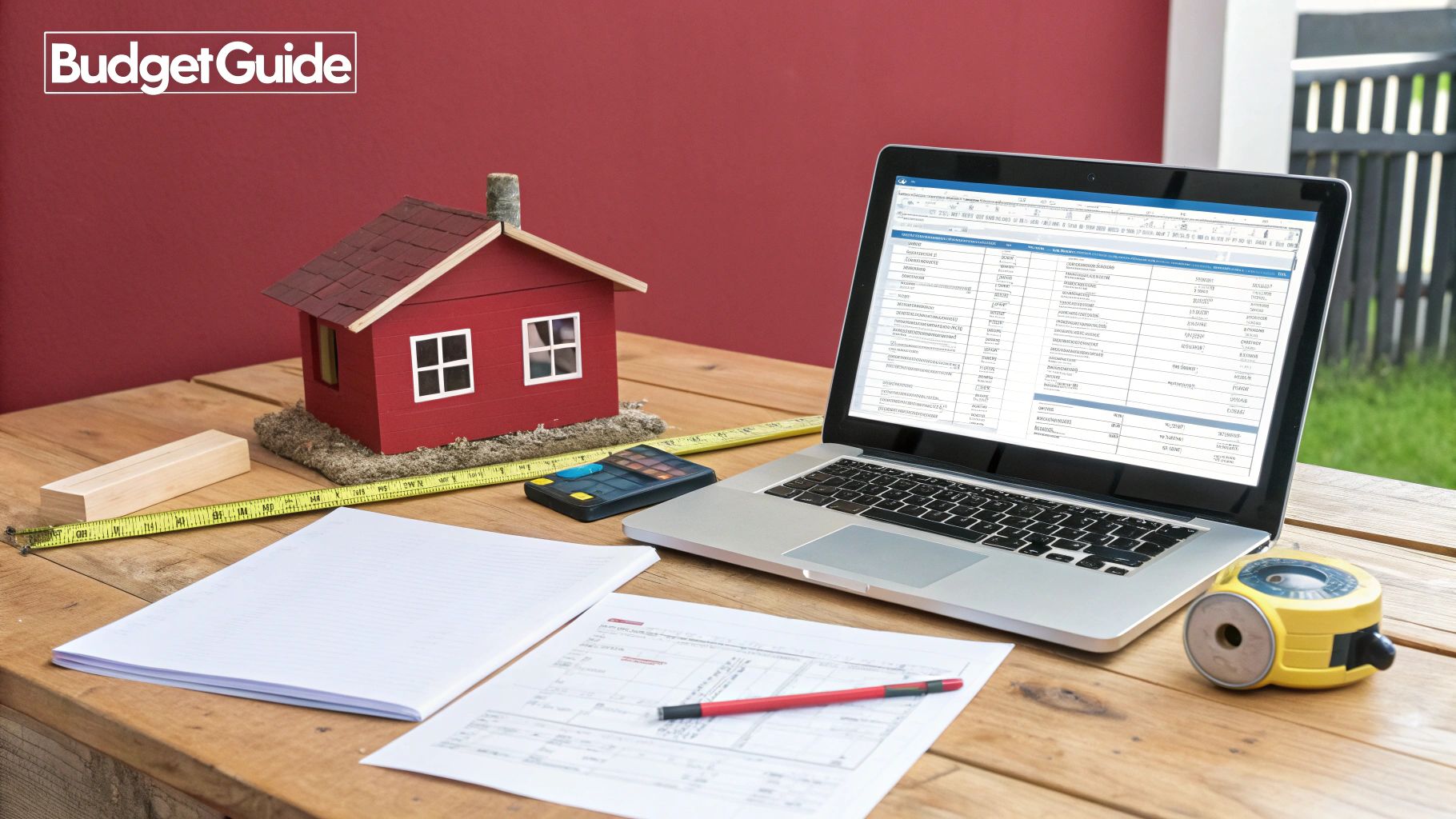 A desk with a model red house, laptop, measuring tools, and plans for home budgeting.