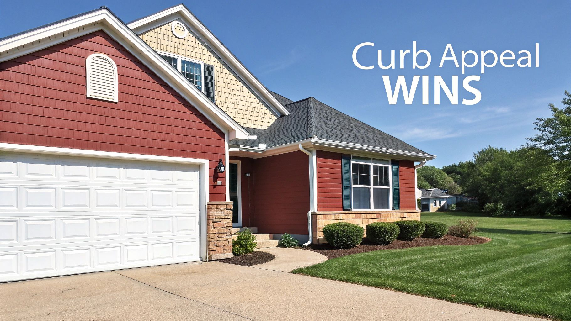 A vibrant red house with a white garage, neatly mowed lawn, and clear blue sky. Text: Curb Appeal WINS.