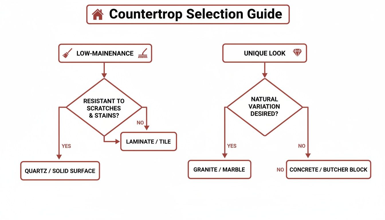 Flowchart guides countertop selection based on low maintenance (quartz, solid surface, laminate, tile) or unique look (granite, marble, concrete, butcher block).