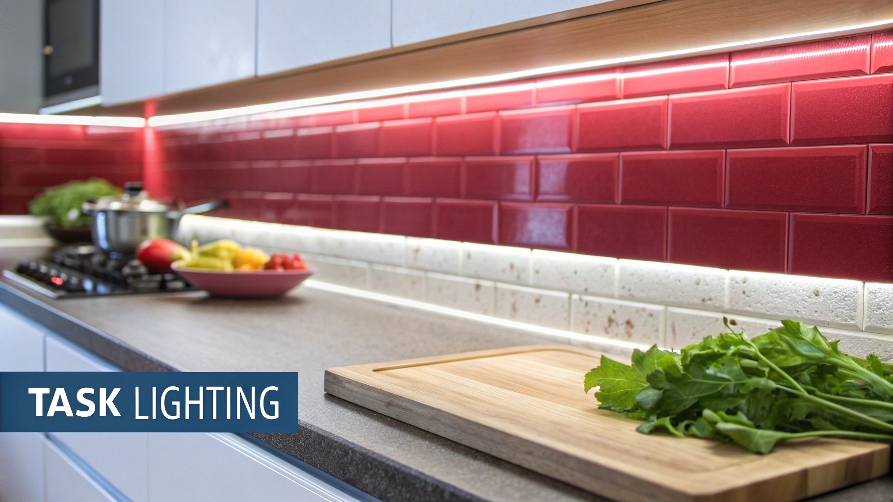 Bright under-cabinet task lighting illuminates a modern kitchen with red subway tiles and a countertop.