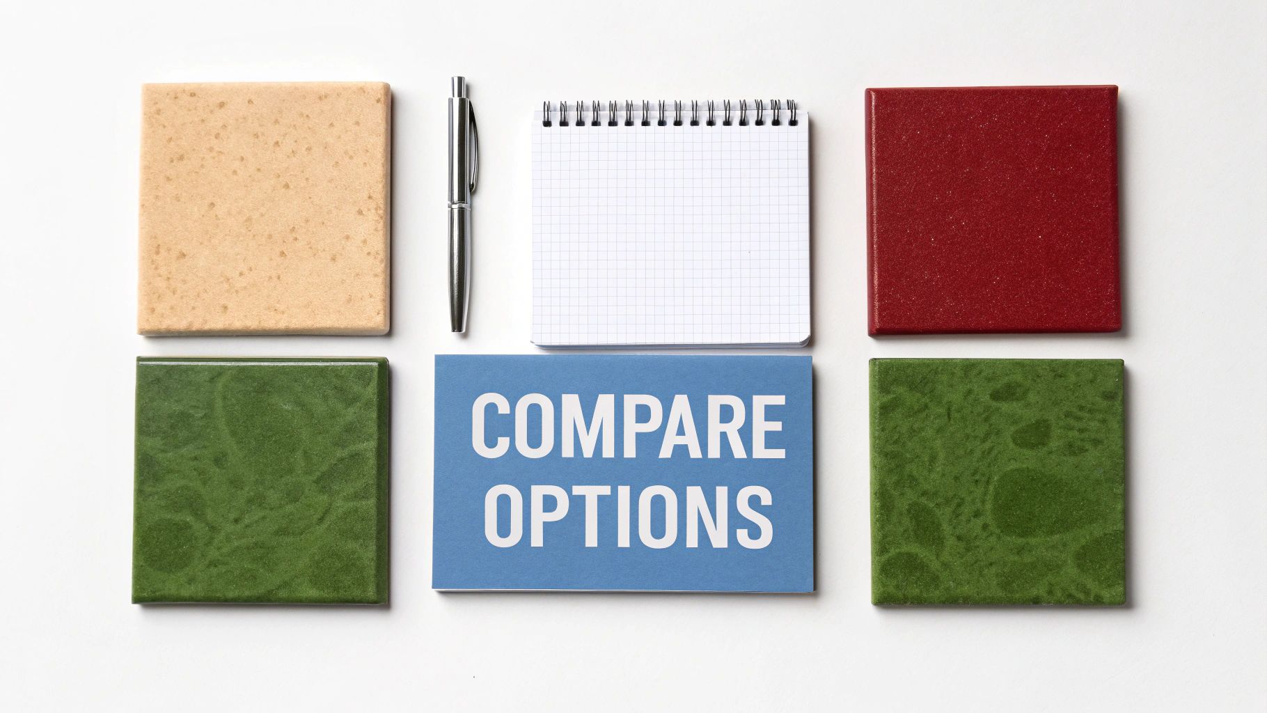 Flat lay showing colorful tiles, a pen, notepad, and a blue card saying 'COMPARE OPTIONS' on white.