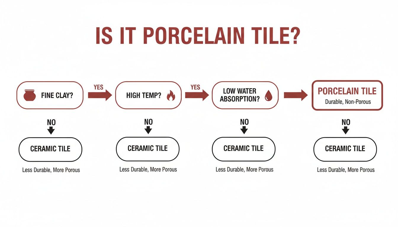 Flowchart explaining the characteristics that define porcelain tile, including fine clay, high temperature firing, and low water absorption.
