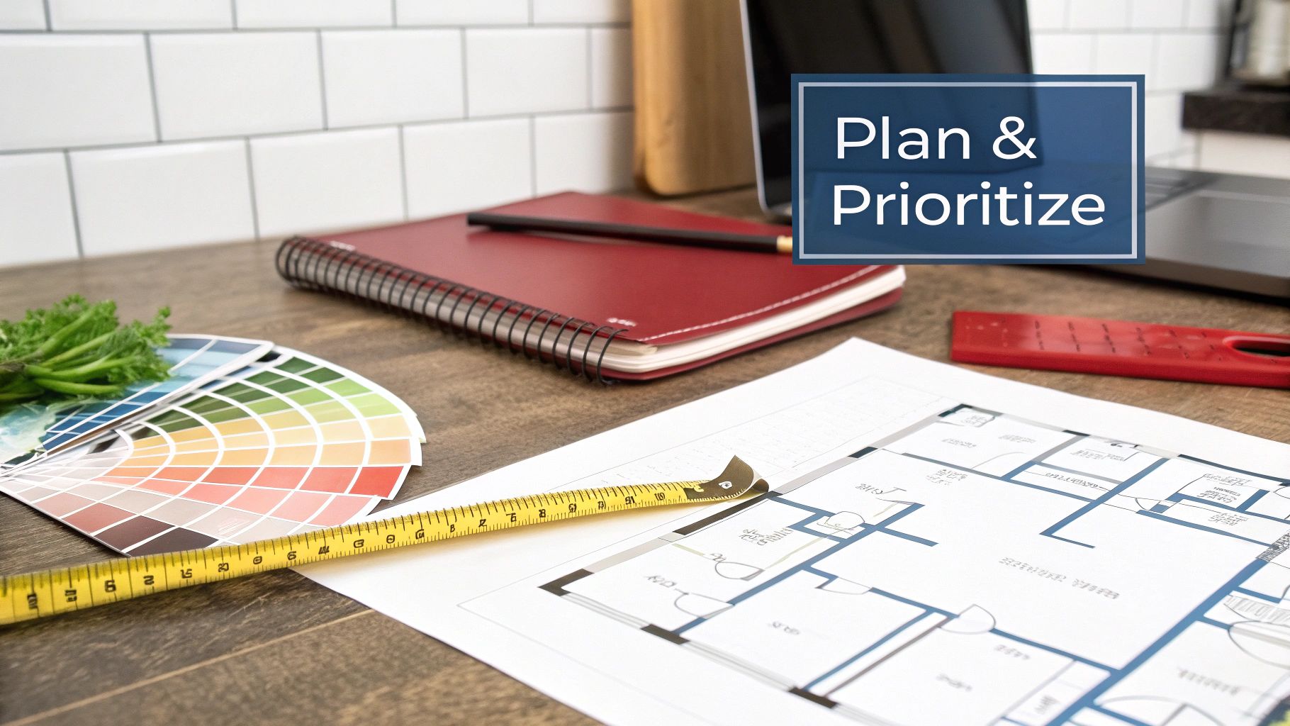 An overhead view of a home renovation planning desk with a floor plan, color palette, and tools.