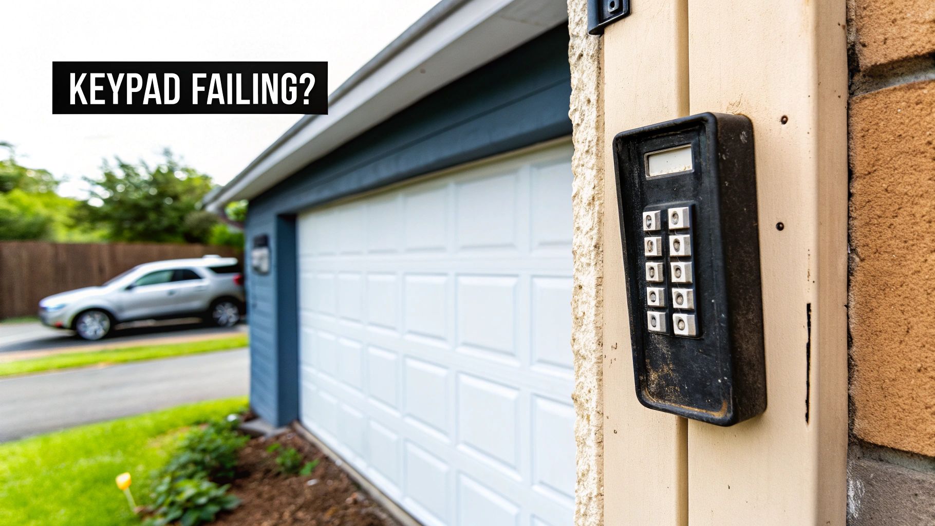 A person entering a code on a garage door keypad mounted on a wall.