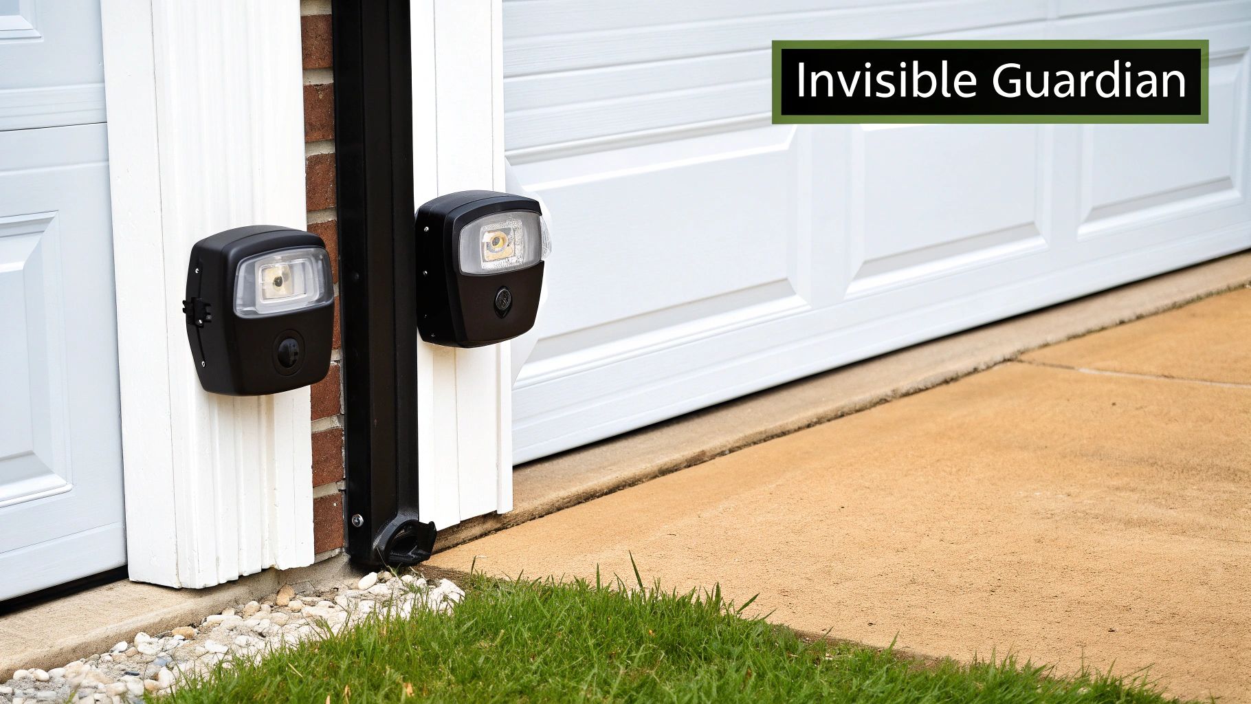 A close-up view of a garage door eye sensor mounted on the track, with its LED light on.