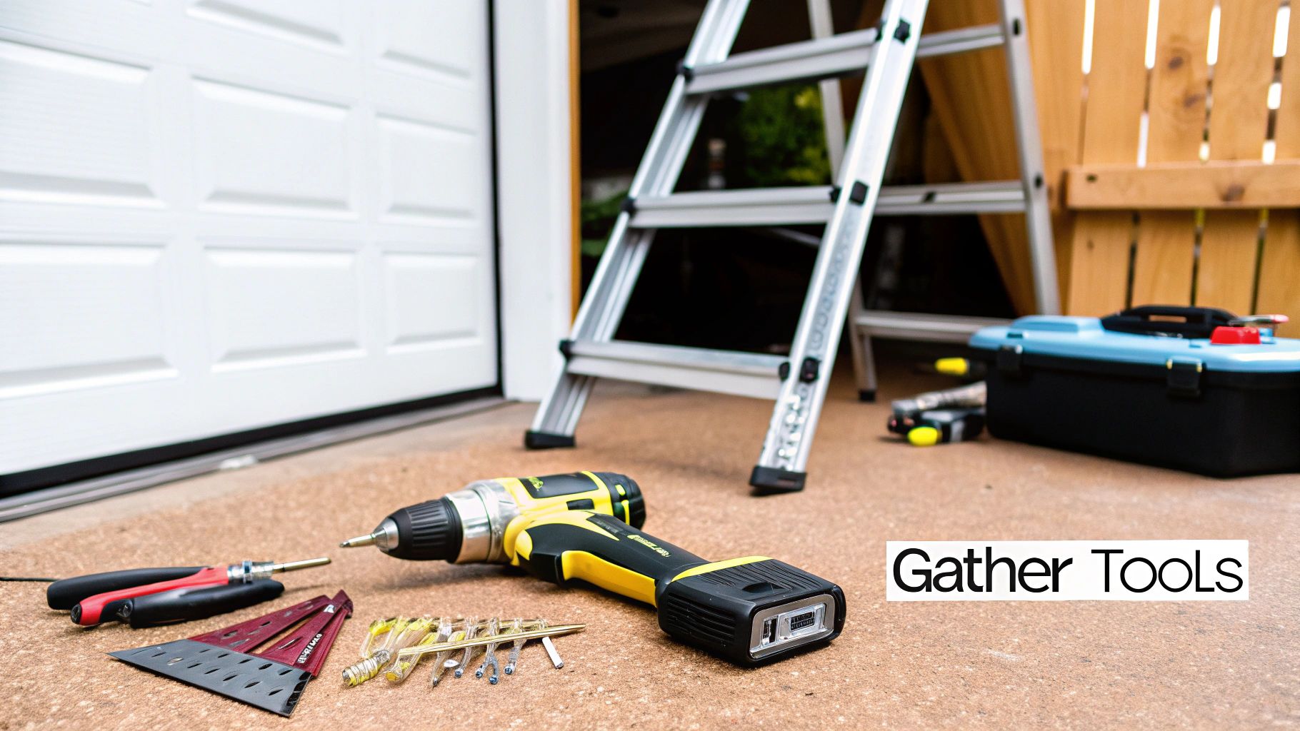 A close-up of various tools like a screwdriver, ladder, and wire strippers neatly arranged for a garage door keypad replacement.