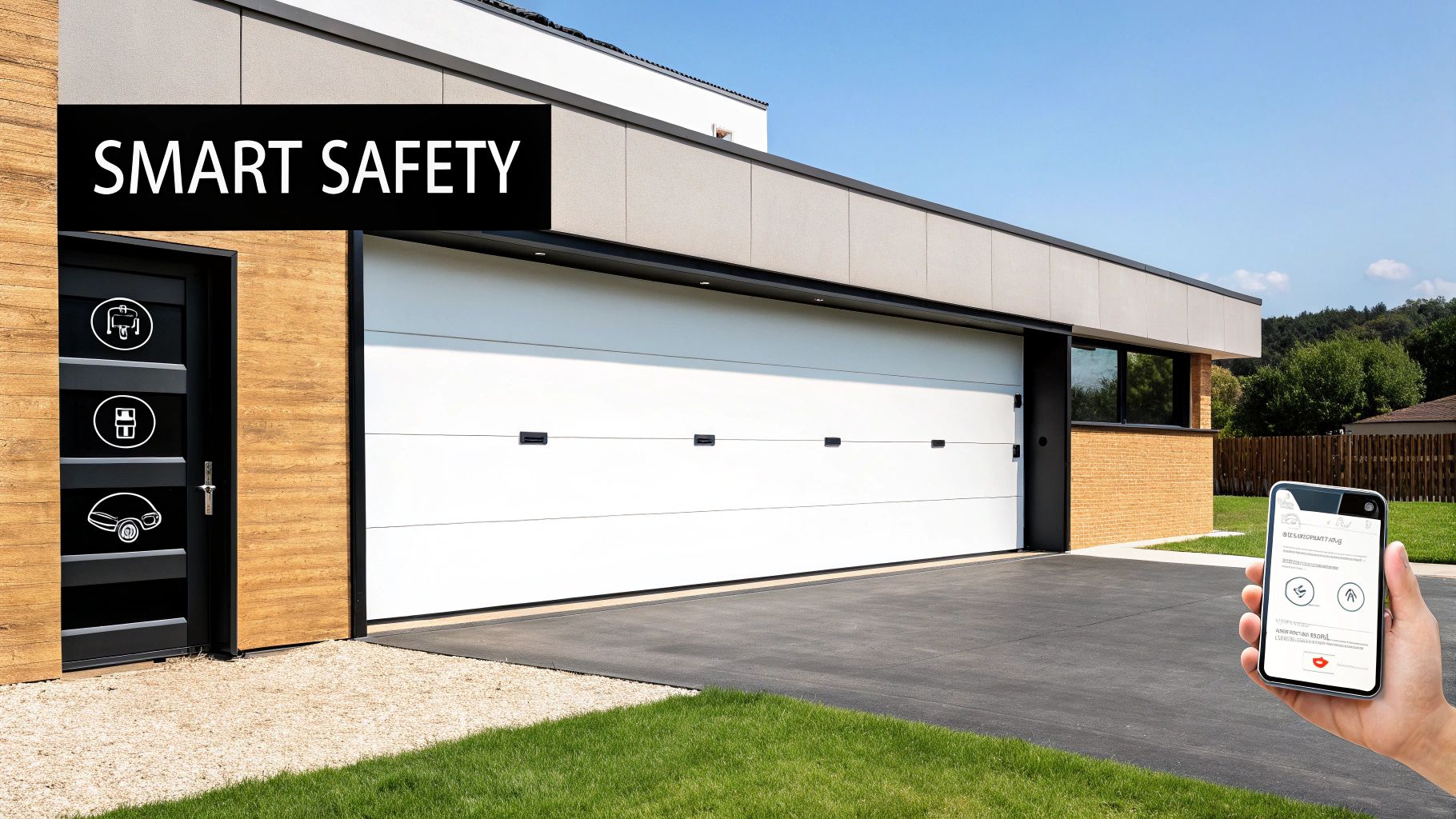 A smart garage door system with sensors connected to a smartphone app, showing the status of the garage door cables.