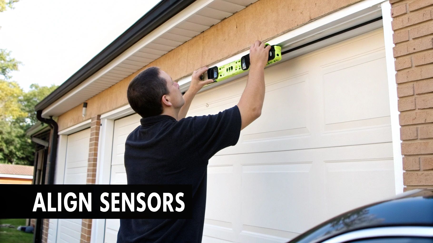 A person's hand adjusting a garage door safety sensor to align it properly.