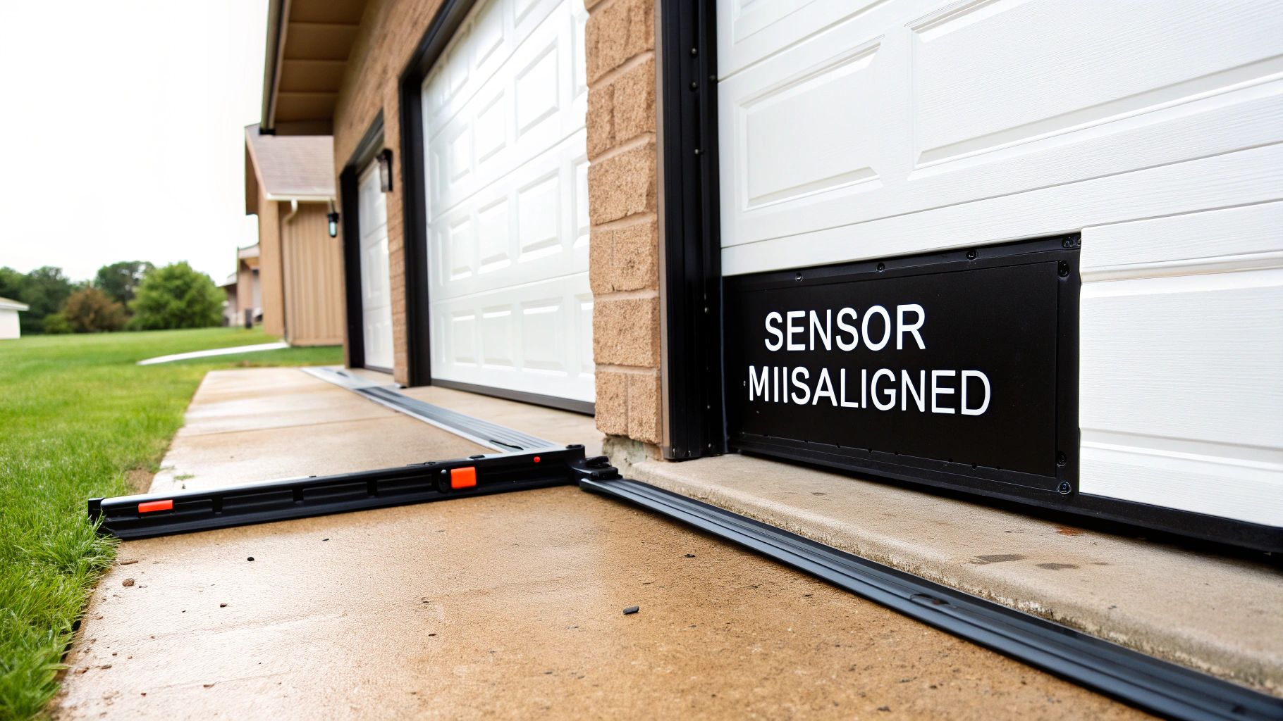 A close-up of a garage door safety sensor with an indicator light, mounted on the track.