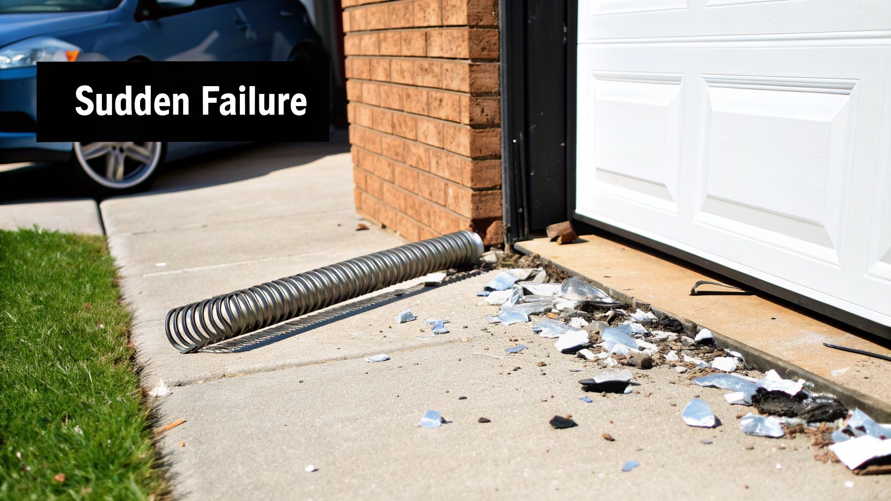 A broken garage door spring with a visible gap in the coil.