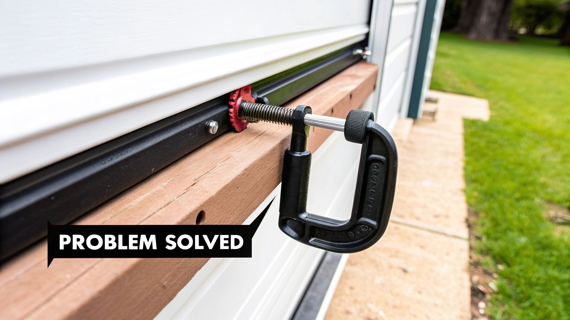 A close-up view of a C-clamp securely fastened to a garage door track.