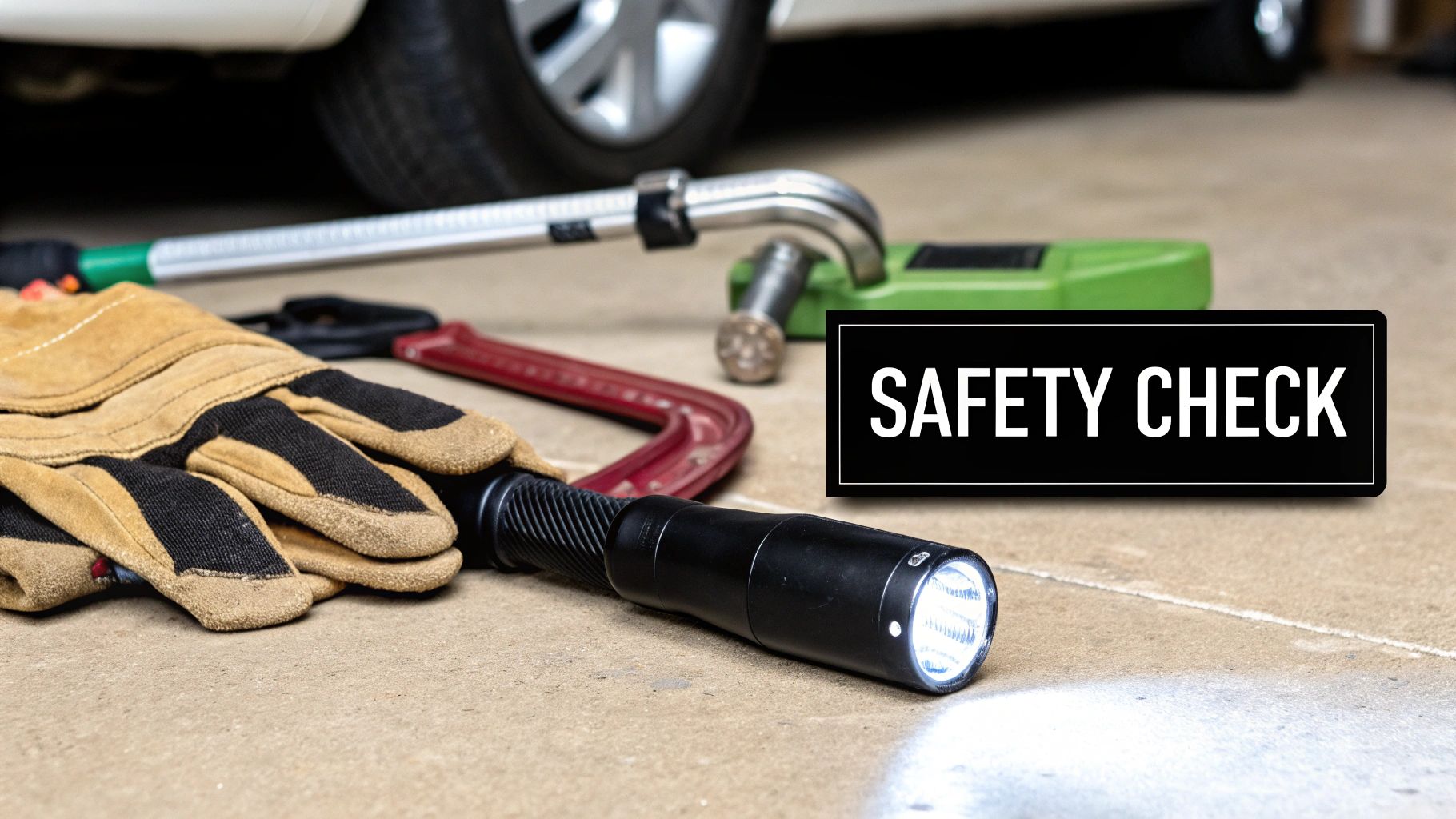 A collection of tools including a flashlight, gloves, and a C-clamp, laid out on a clean surface.