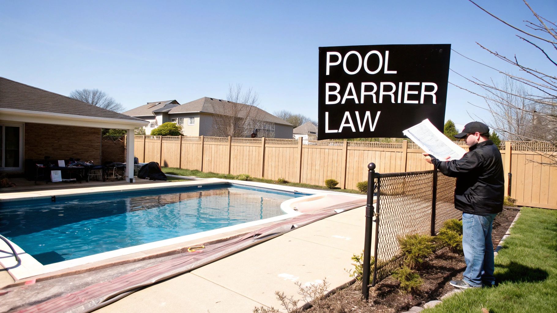 A modern, compliant pool fence securing a backyard pool area under the Arizona sun.