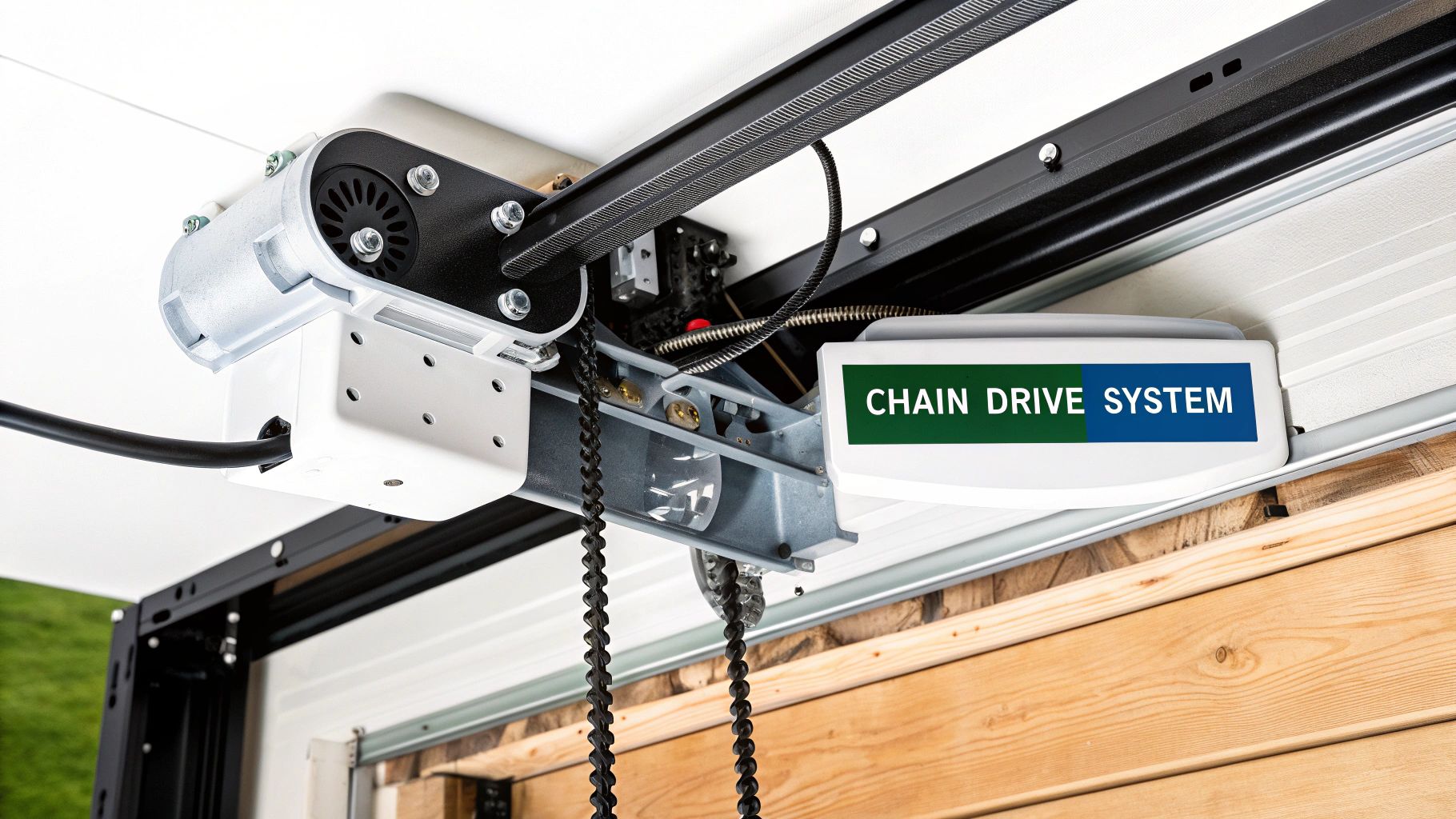 A close-up view of a garage door chain drive system, showing the chain on its track leading to the motor.