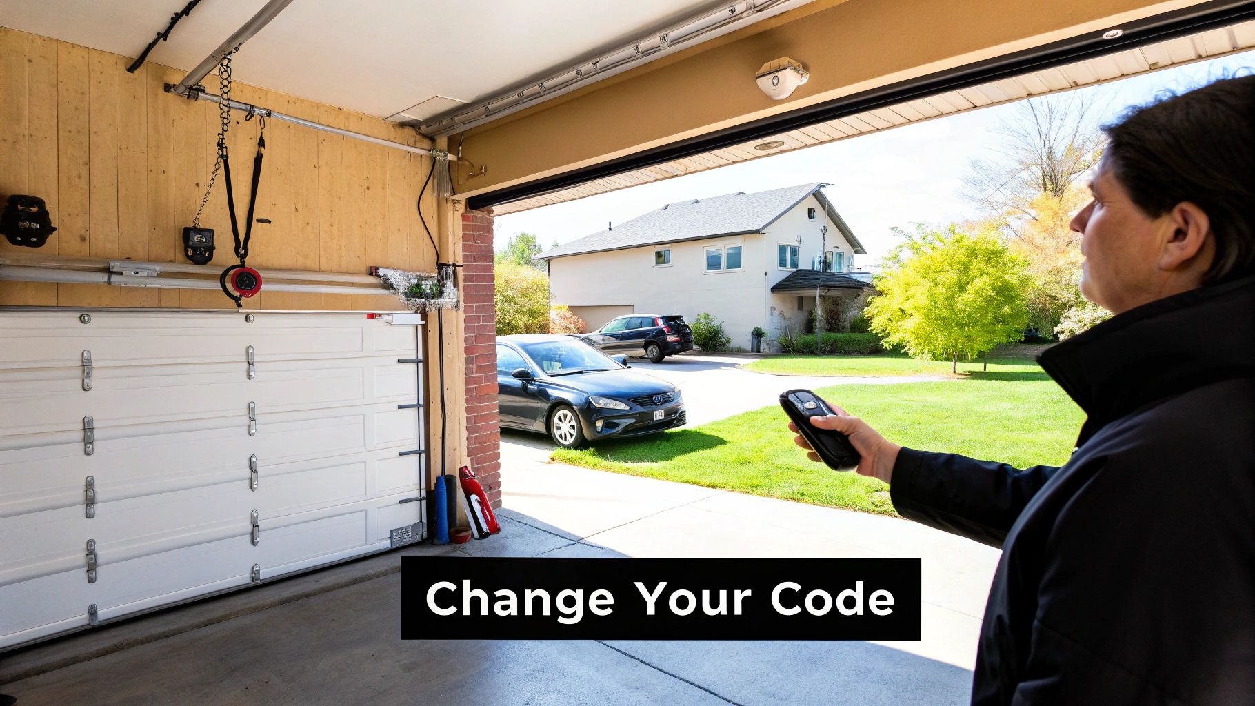 A modern garage door opener unit mounted on the ceiling, with visible wiring and a light cover.