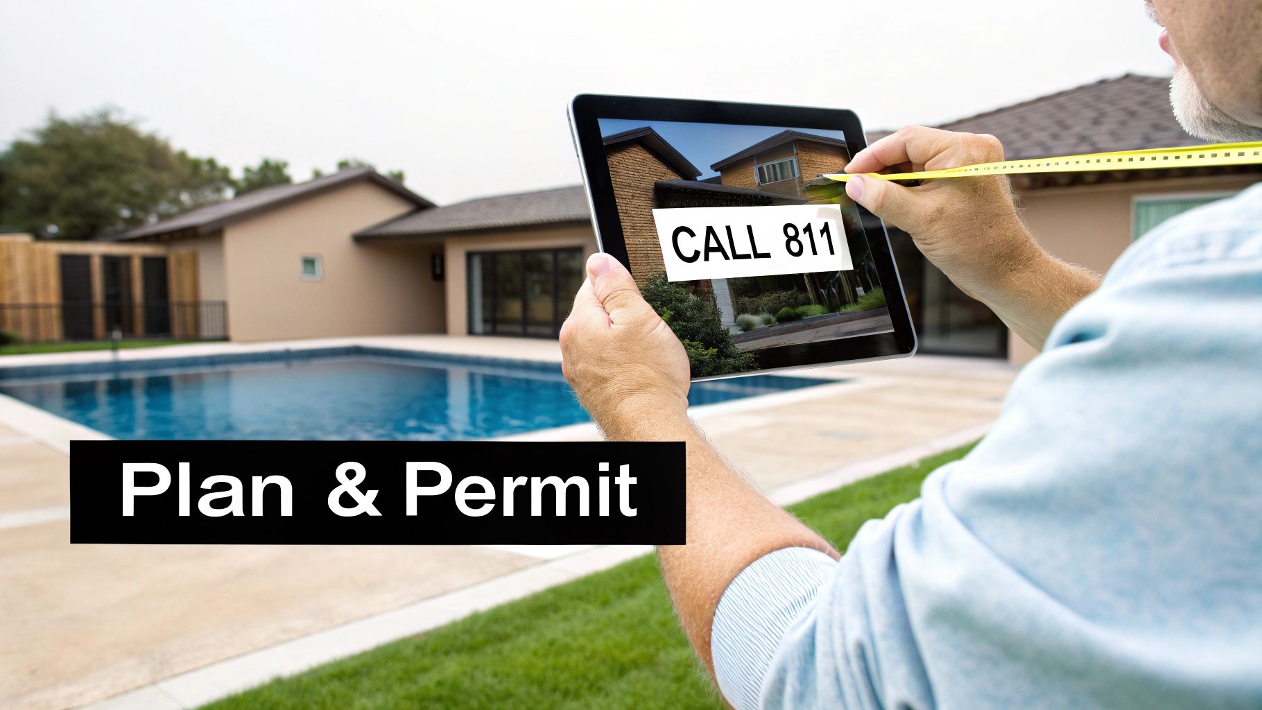 A person sketching a pool fence layout on a clipboard with a measuring tape nearby.