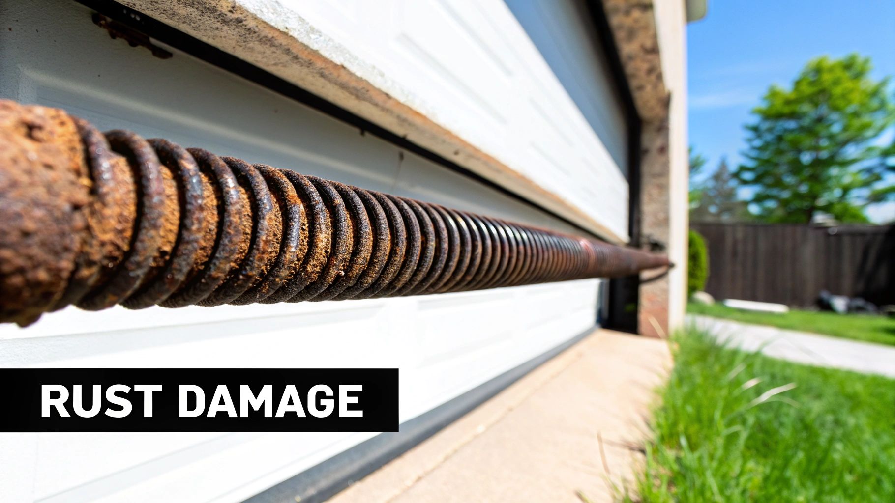 A rusty and worn-out garage door spring showing signs of corrosion.
