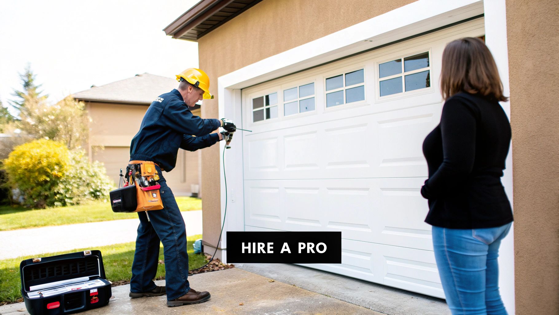 A technician winding a torsion spring on a garage door.