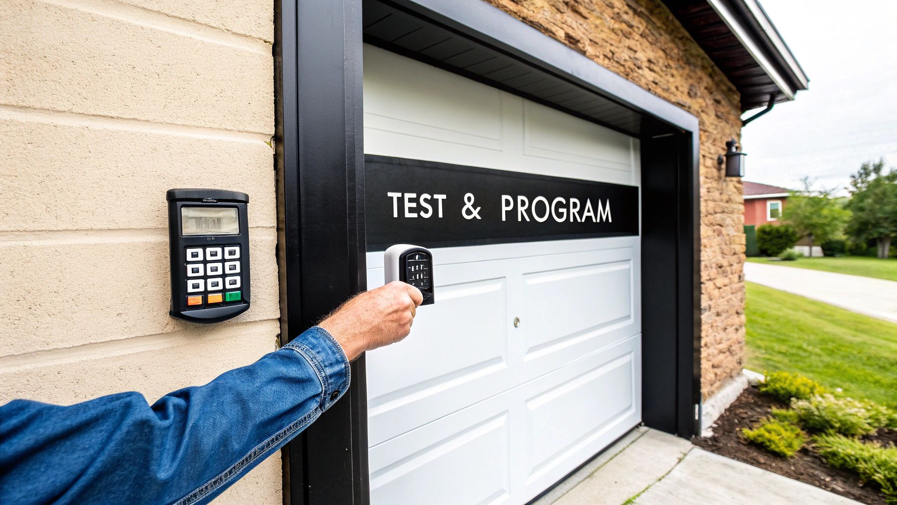 A person's hand pressing a button on a newly installed garage door keypad next to a garage door.