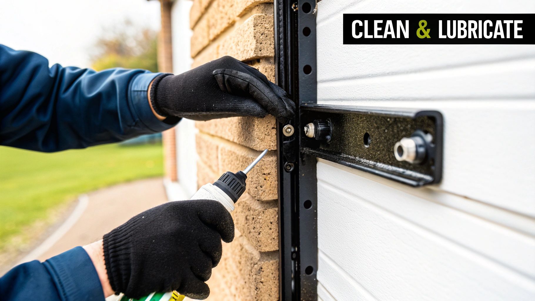 A person lubricating the hinges of a white garage door.