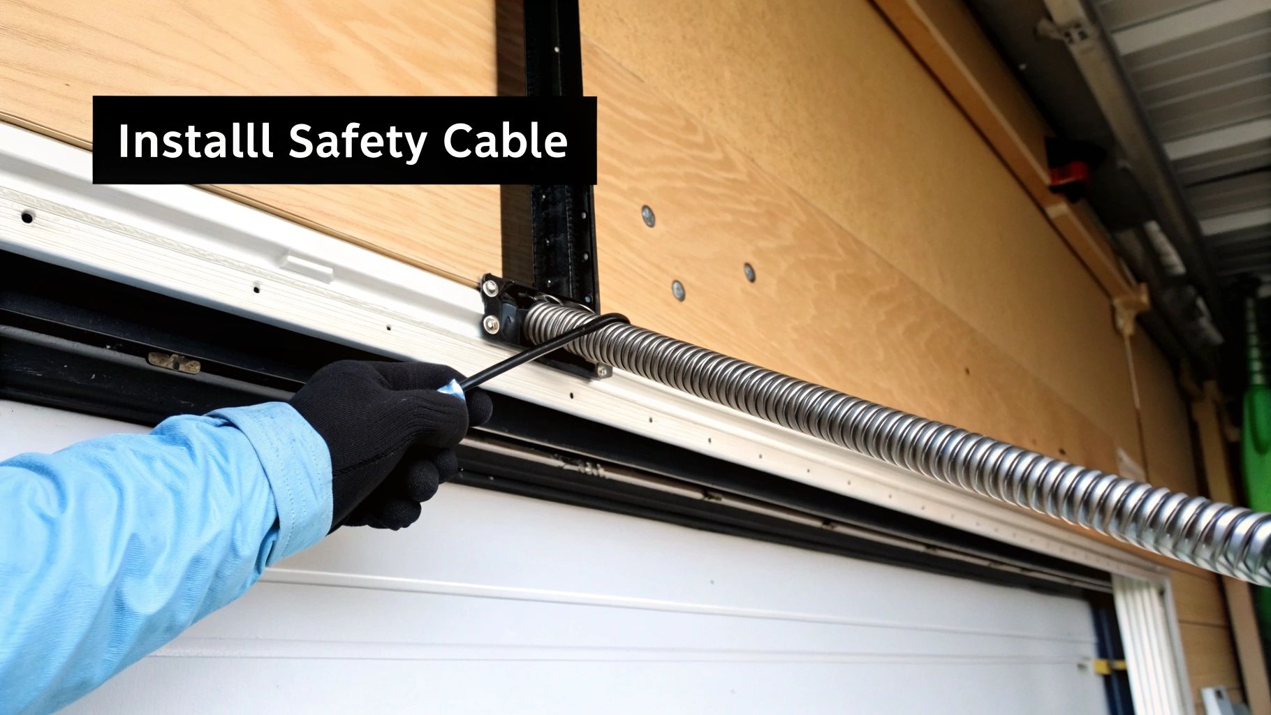 An extension spring running alongside a garage door track.