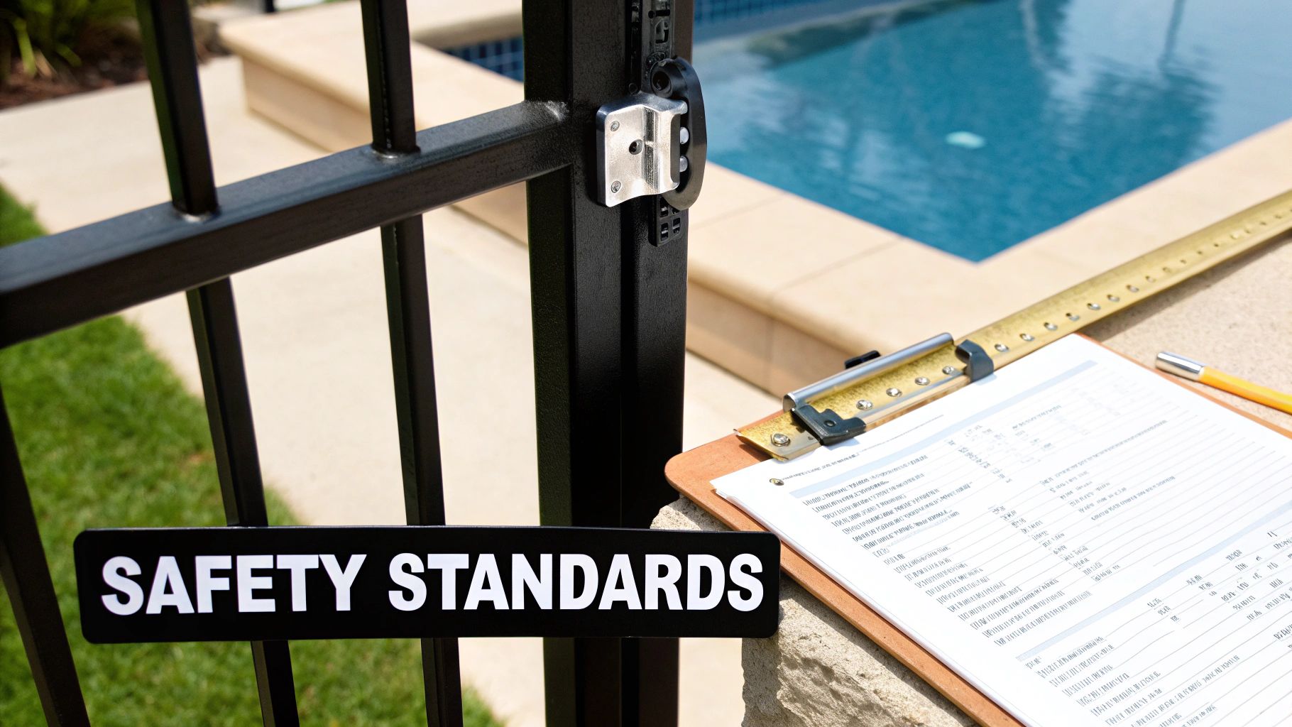 A secure pool fence and gate installed around a modern swimming pool.
