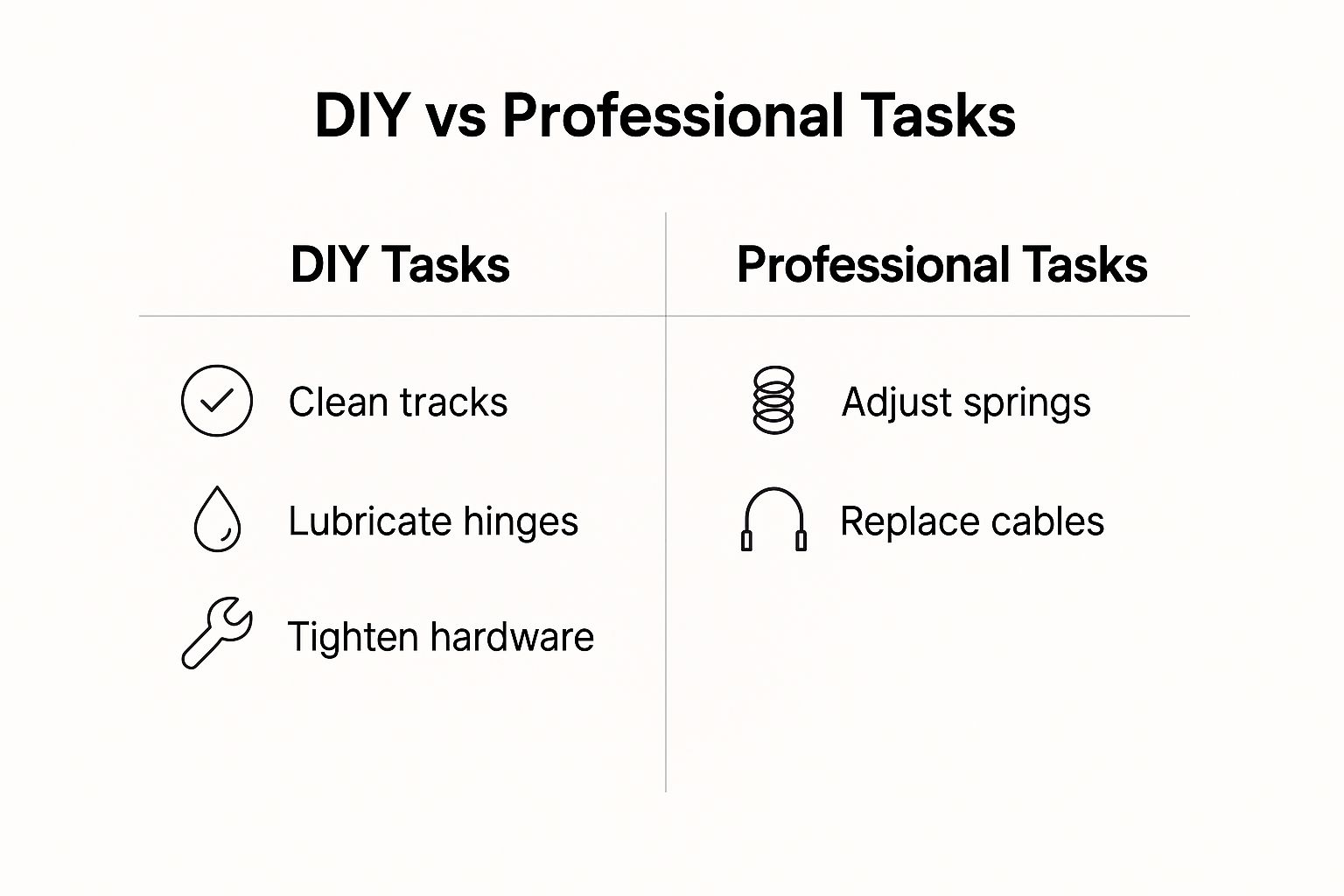 An infographic comparing DIY garage door tasks like cleaning and lubricating with professional tasks like adjusting springs and replacing cables.