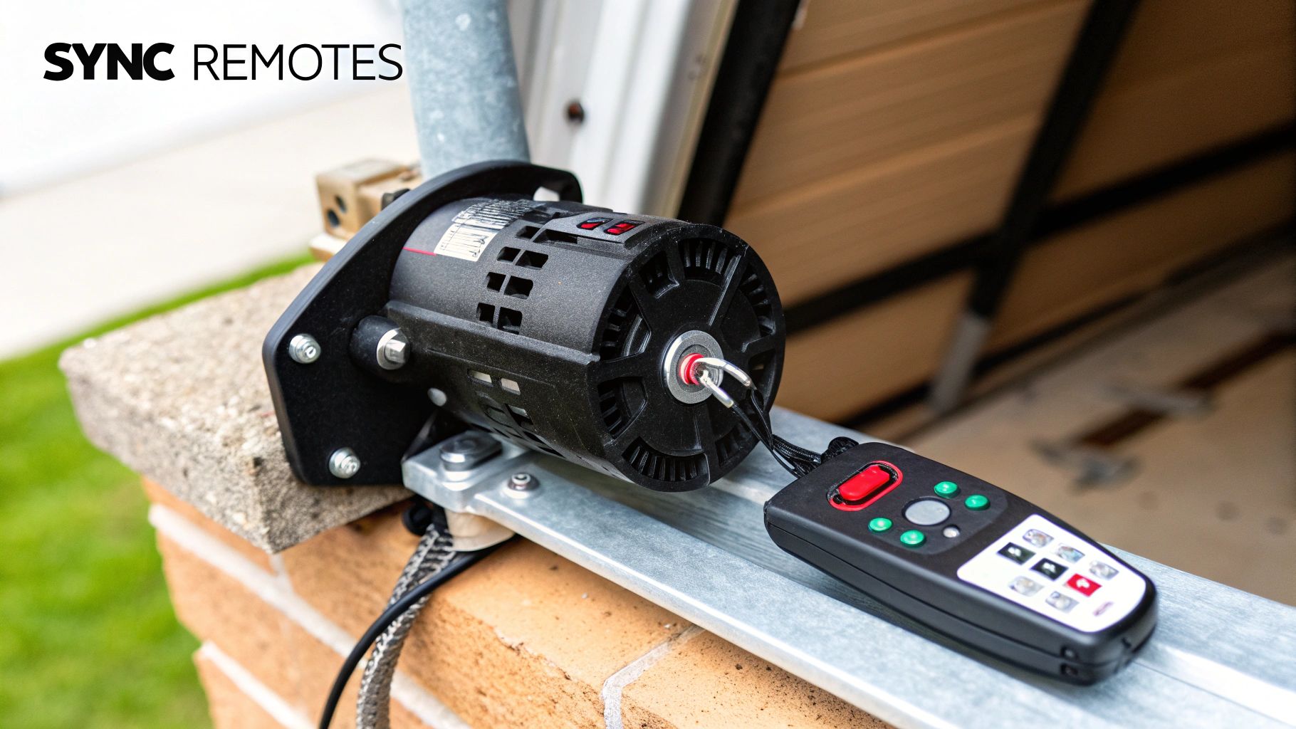 A person's hand pressing the learn button on a garage door opener motor.
