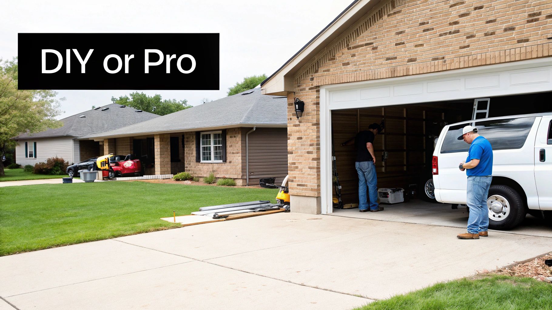 A garage door technician works on installing a new opener.