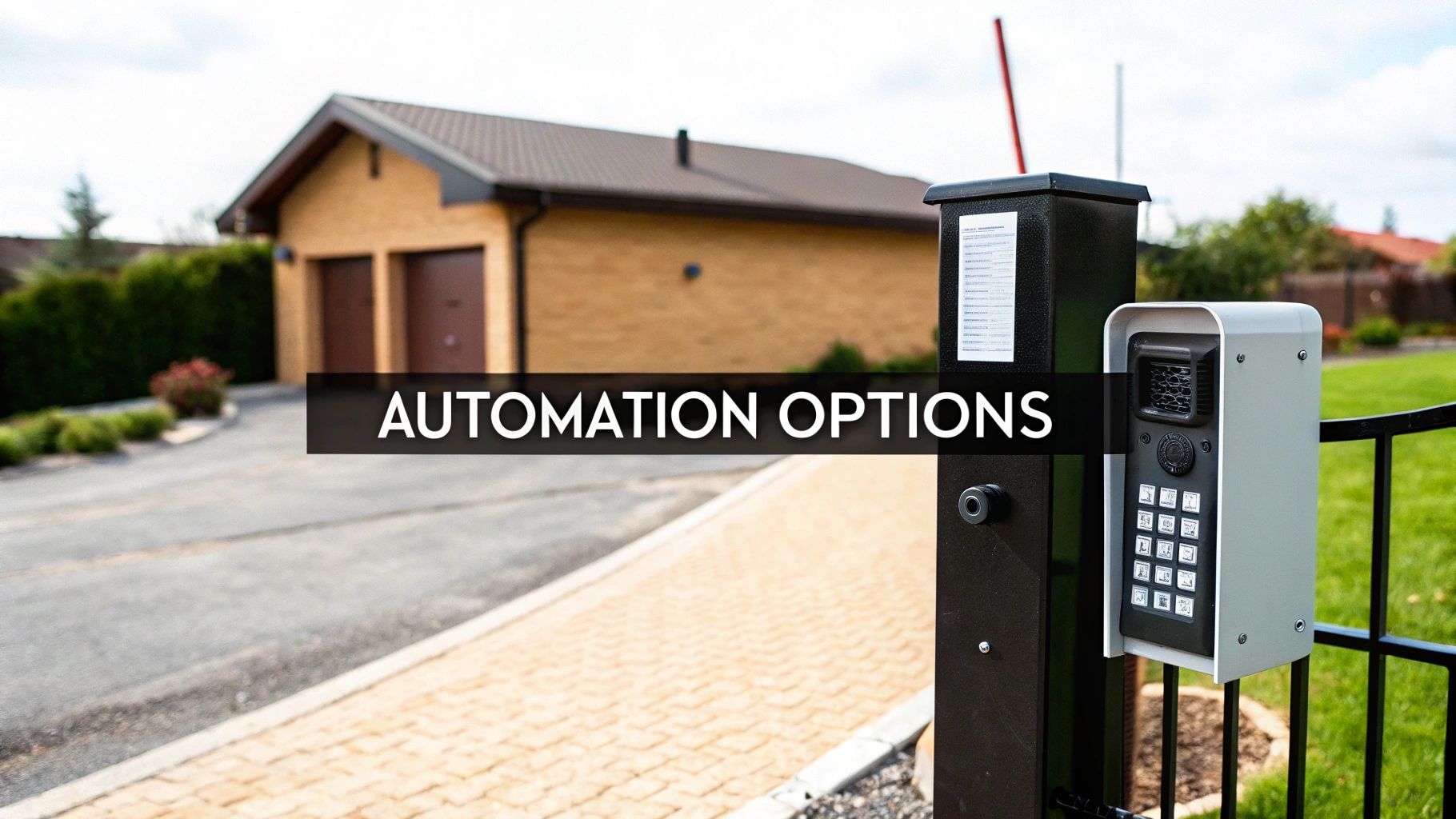 A security keypad and camera mounted on a post next to an automatic gate.