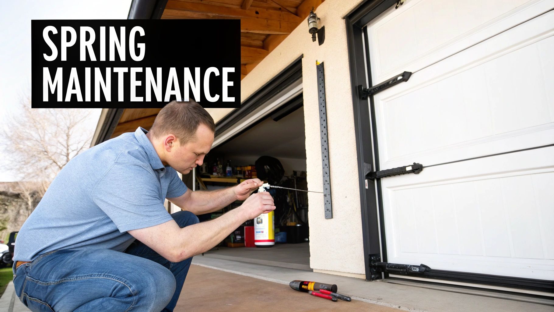 A technician lubricating a garage door spring with a spray can.