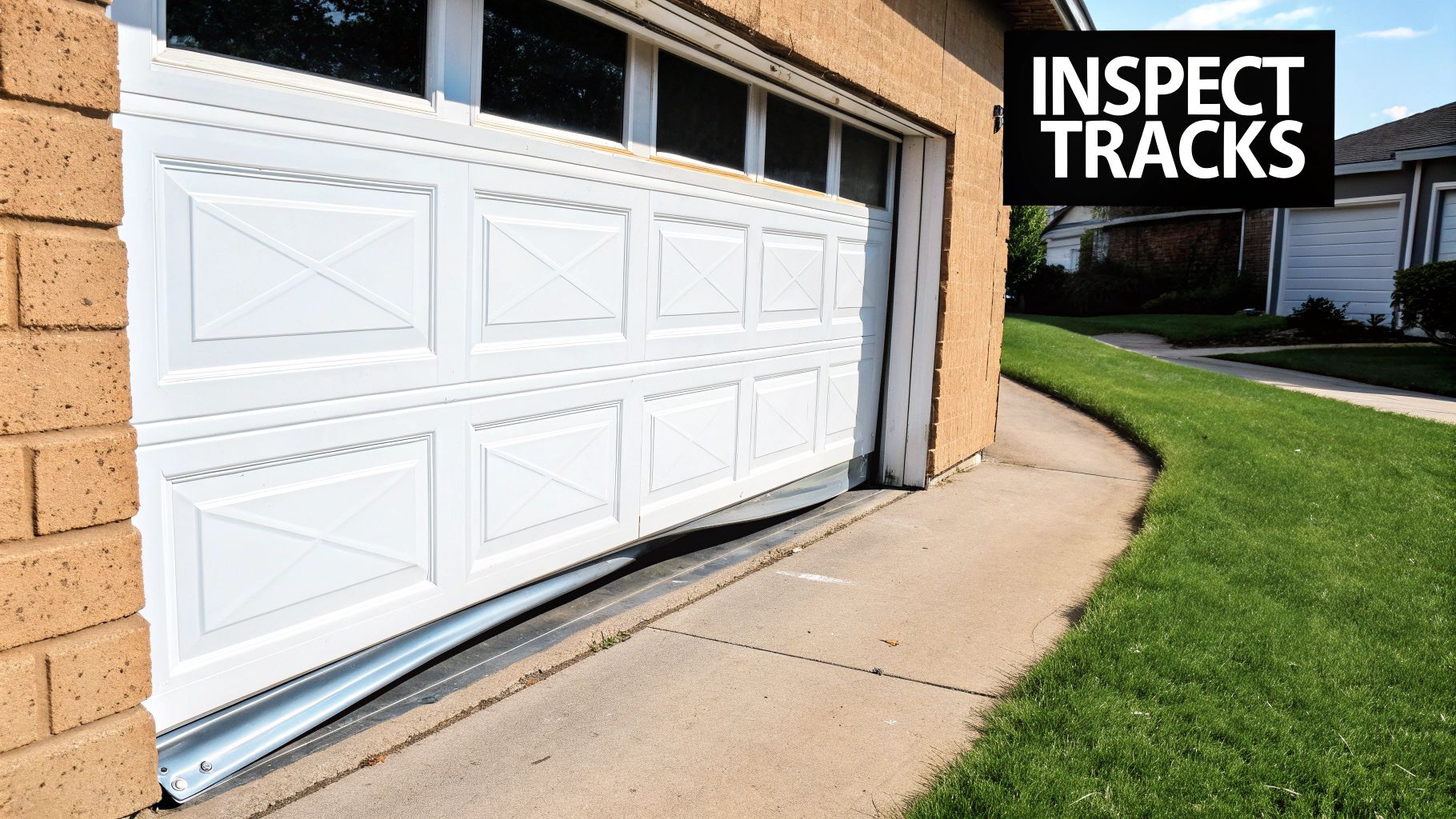 A garage door that has come off its tracks, showing the rollers out of alignment.