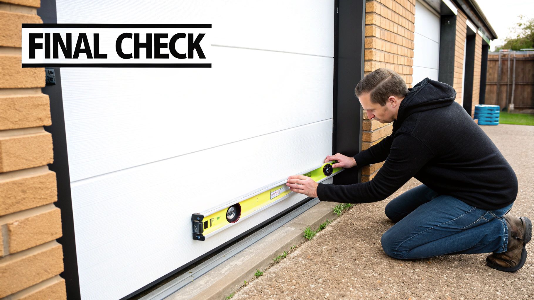 A person using a level to check the alignment of a vertical garage door track.